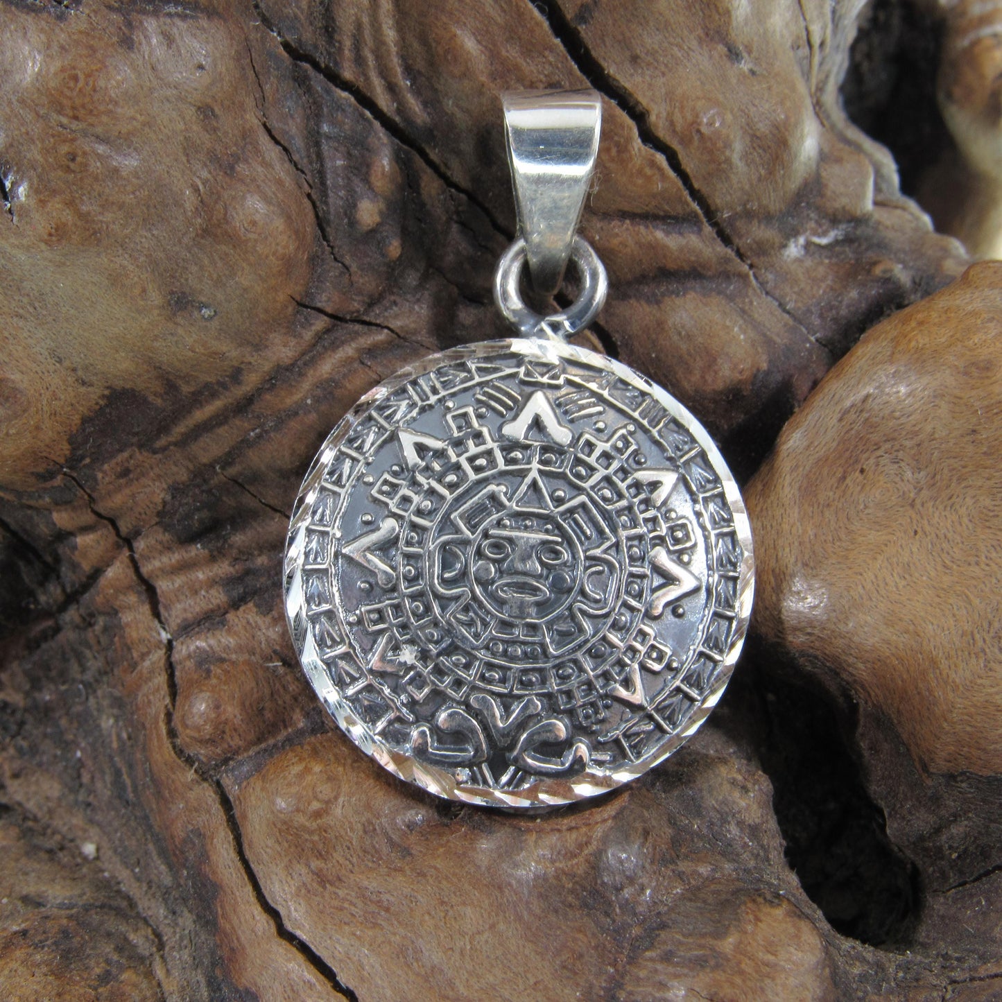Solid 925 Sterling Silver Puffed Aztec Sun Stone Pendant, Handcrafted Mayan Calendar Charm, Zodiac Wheel Amulet, Sacred Round Jewelry