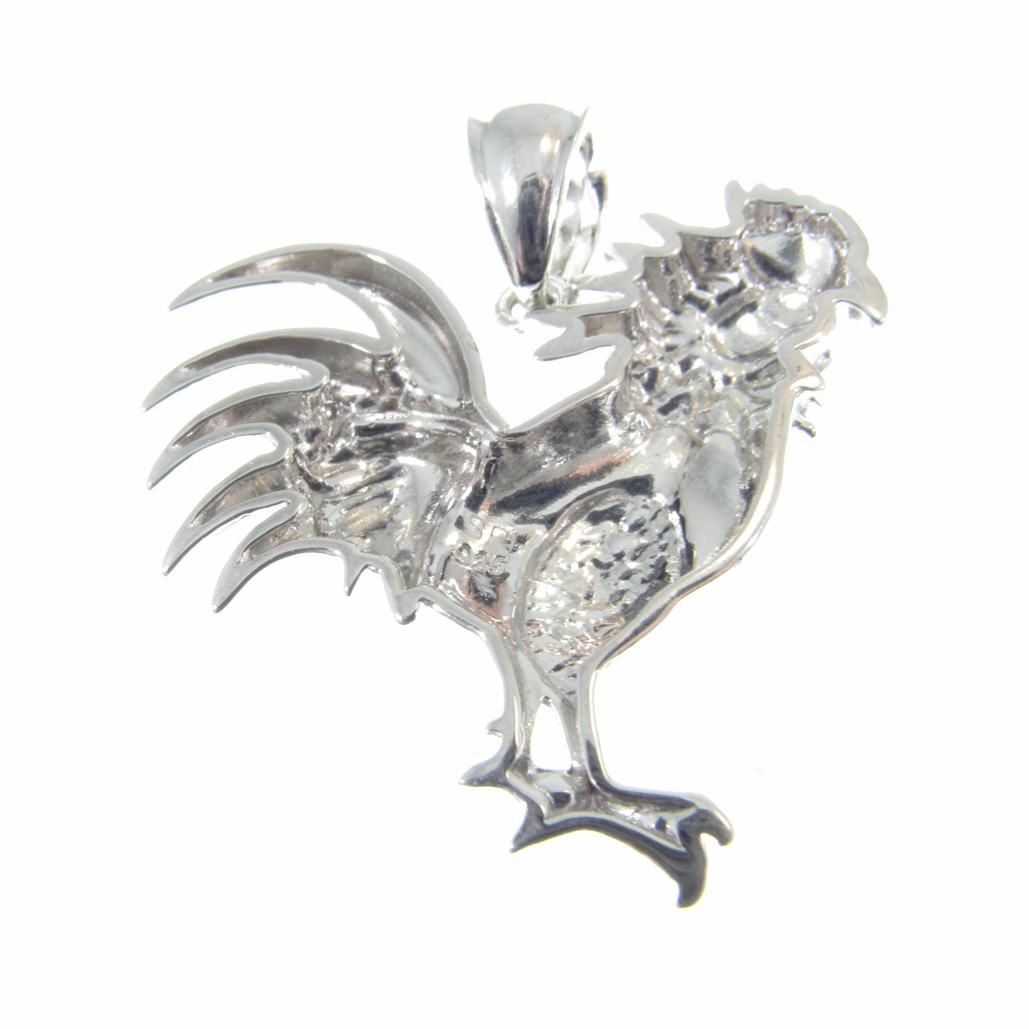 Men's Solid 925 Sterling Silver Rooster Pendant, Rhodium Plated Hip Hop Pendant with Clear CZ Accents, Edgy Iced Out Urban Jewelry for Him
