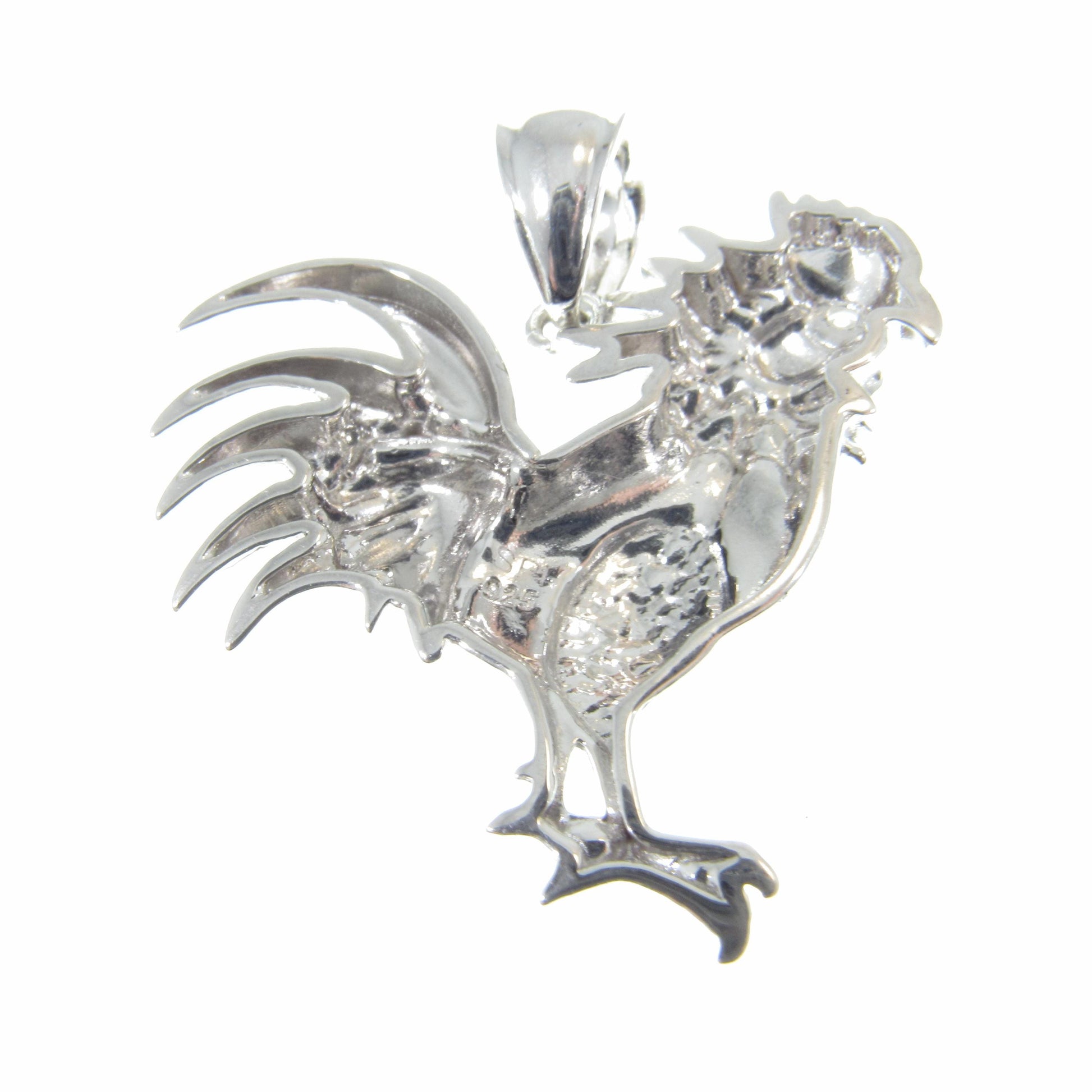 Men's Solid 925 Sterling Silver Rooster Pendant, Rhodium Plated Hip Hop Pendant with Clear CZ Accents, Edgy Iced Out Urban Jewelry for Him