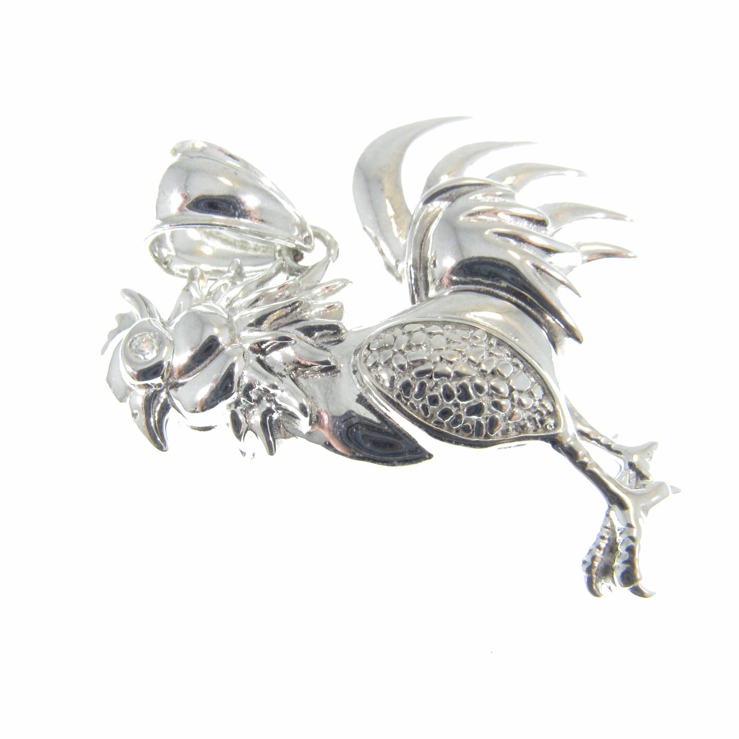 Men's Solid 925 Sterling Silver Rooster Pendant, Rhodium Plated Hip Hop Pendant with Clear CZ Accents, Edgy Iced Out Urban Jewelry for Him