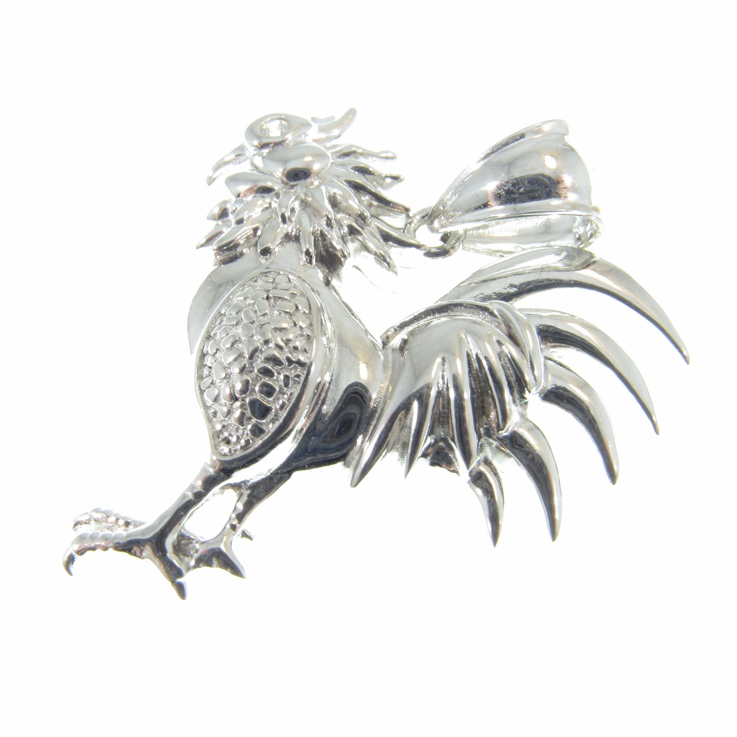 Men's Solid 925 Sterling Silver Rooster Pendant, Rhodium Plated Hip Hop Pendant with Clear CZ Accents, Edgy Iced Out Urban Jewelry for Him