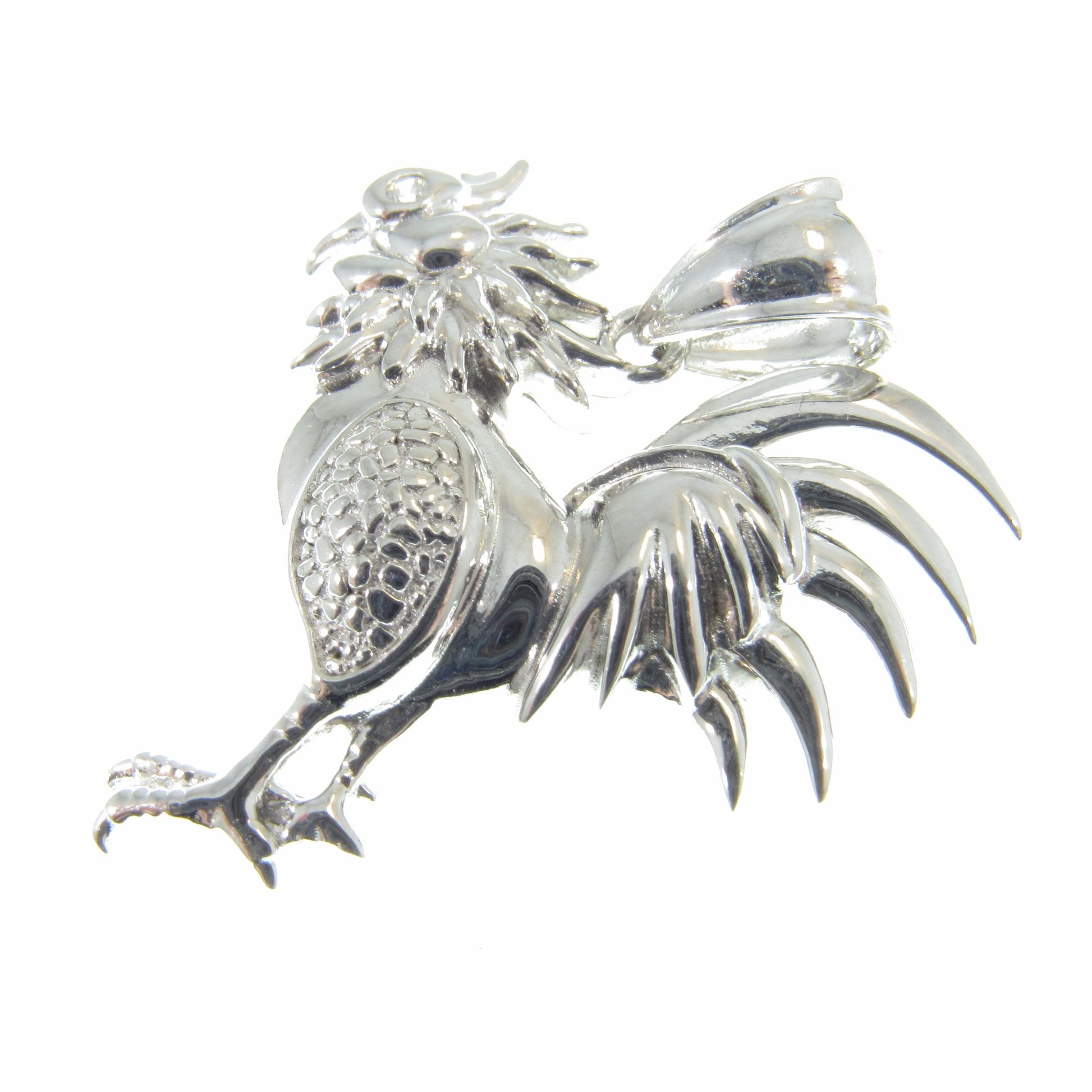 Men's Solid 925 Sterling Silver Rooster Pendant, Rhodium Plated Hip Hop Pendant with Clear CZ Accents, Edgy Iced Out Urban Jewelry for Him