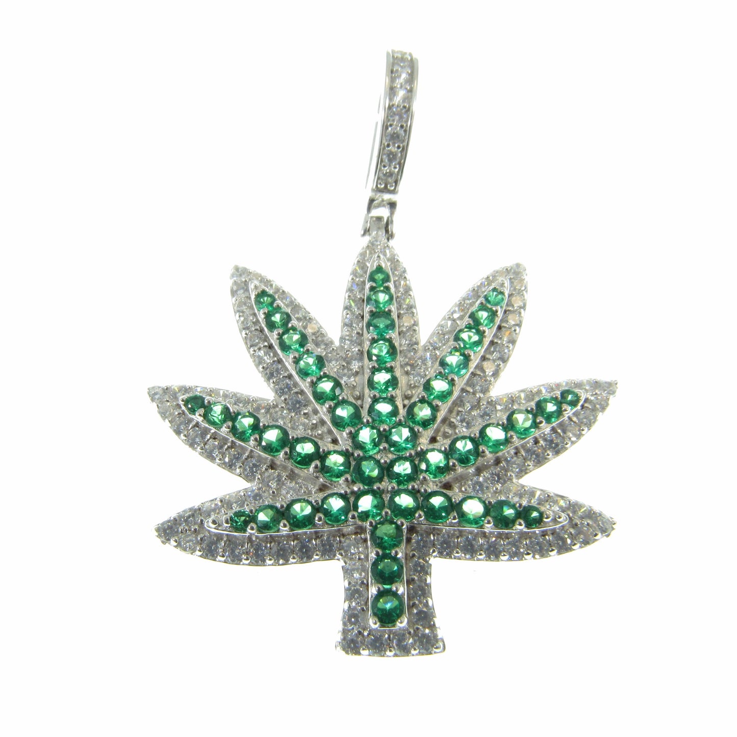 Men's Solid 925 Sterling Silver Cannibus Leaf Pendant, Rhodium Plated Iced Out Marijuana Plant, Hip Hop Jewelry with Green and Clear CZs