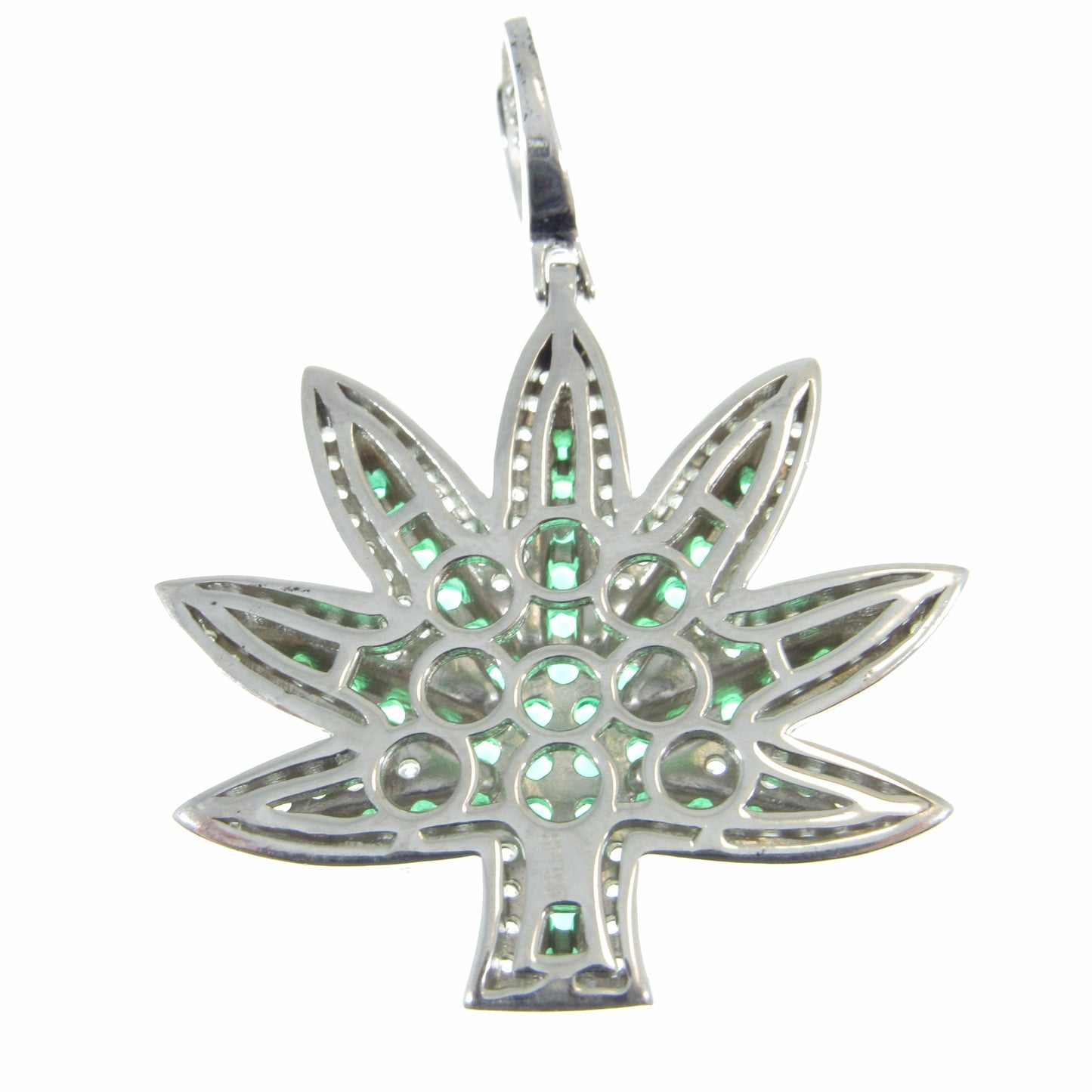 Men's Solid 925 Sterling Silver Cannibus Leaf Pendant, Rhodium Plated Iced Out Marijuana Plant, Hip Hop Jewelry with Green and Clear CZs