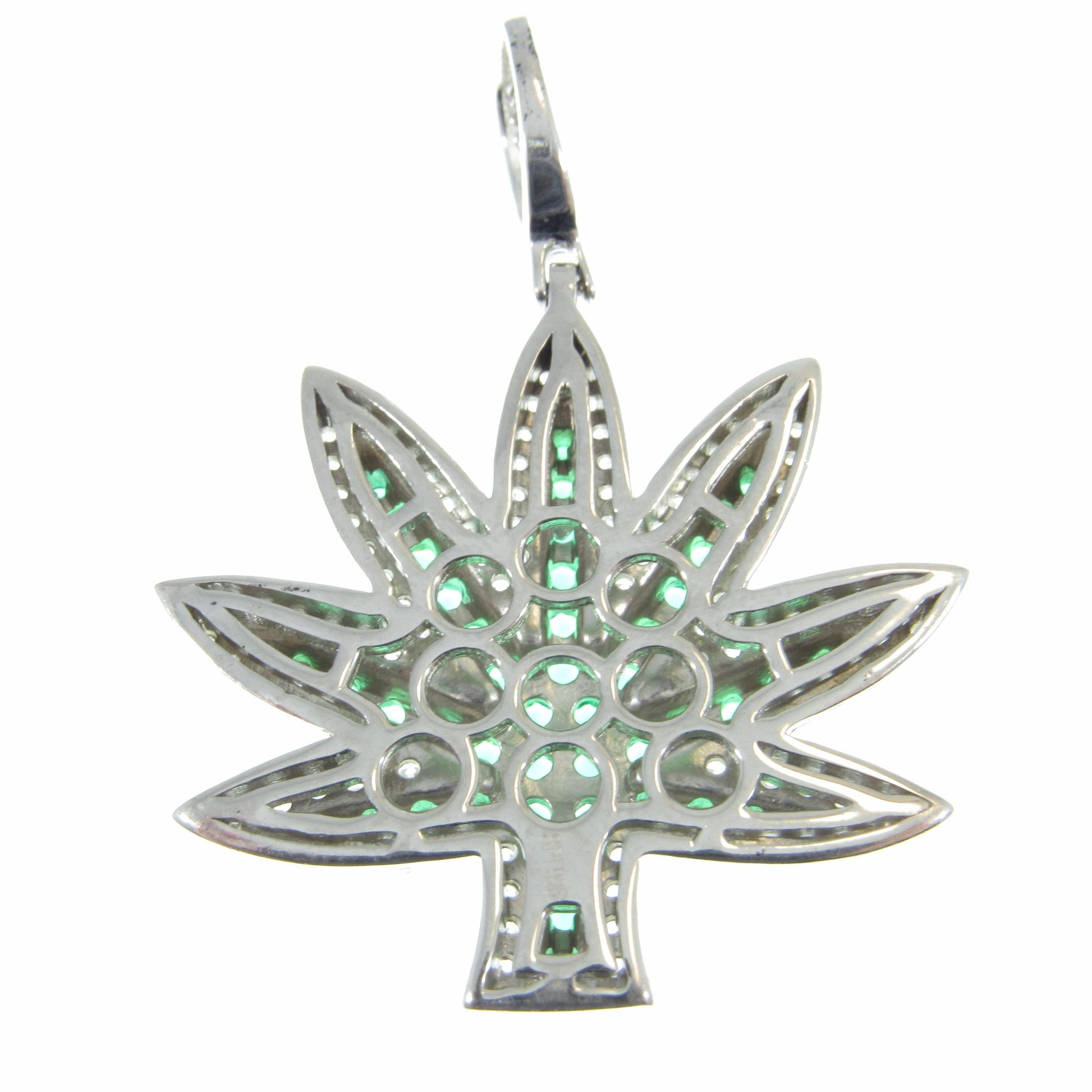 Men's Solid 925 Sterling Silver Cannibus Leaf Pendant, Rhodium Plated Iced Out Marijuana Plant, Hip Hop Jewelry with Green and Clear CZs