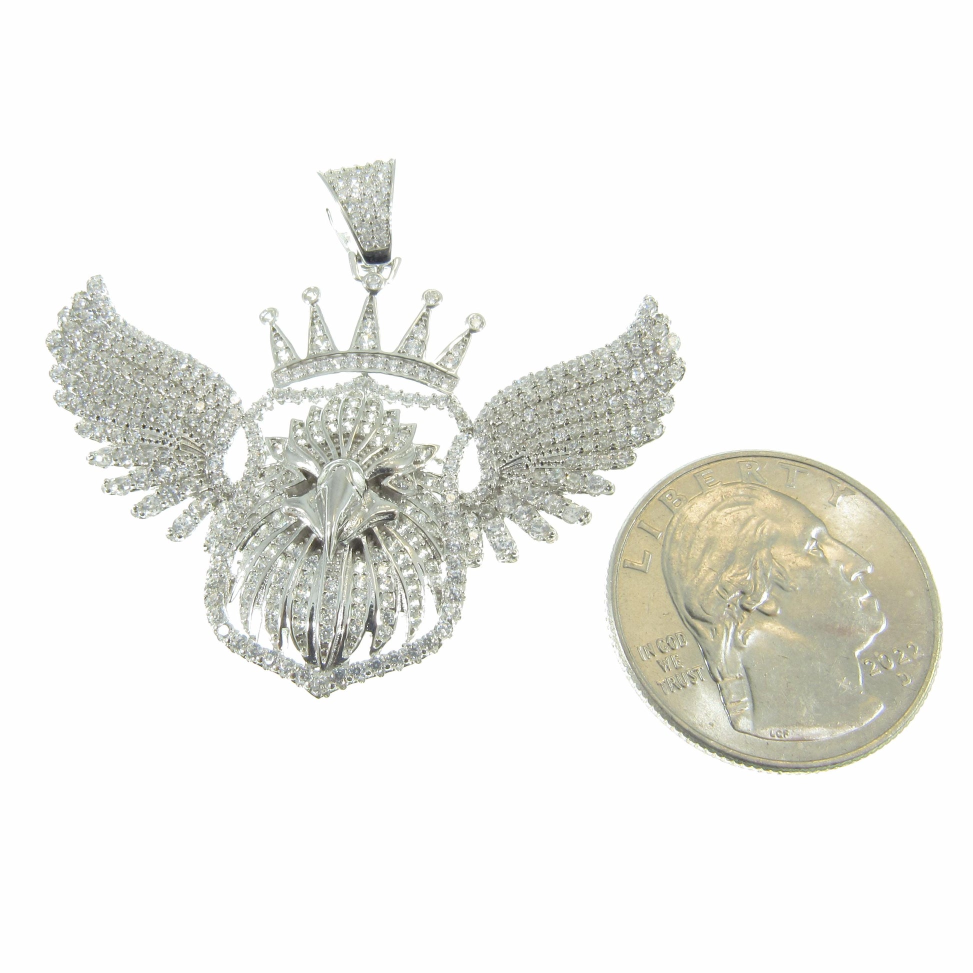 Men's Solid 925 Sterling Silver Crowned Eagle Pendant, Rhodium Plated Hip Hop Jewelry, Iced Out White Clear CZs, Edgy Urban Patriot Jewelry