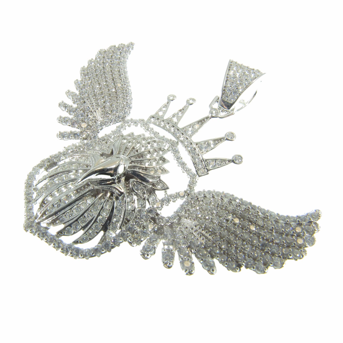 Men's Solid 925 Sterling Silver Crowned Eagle Pendant, Rhodium Plated Hip Hop Jewelry, Iced Out White Clear CZs, Edgy Urban Patriot Jewelry