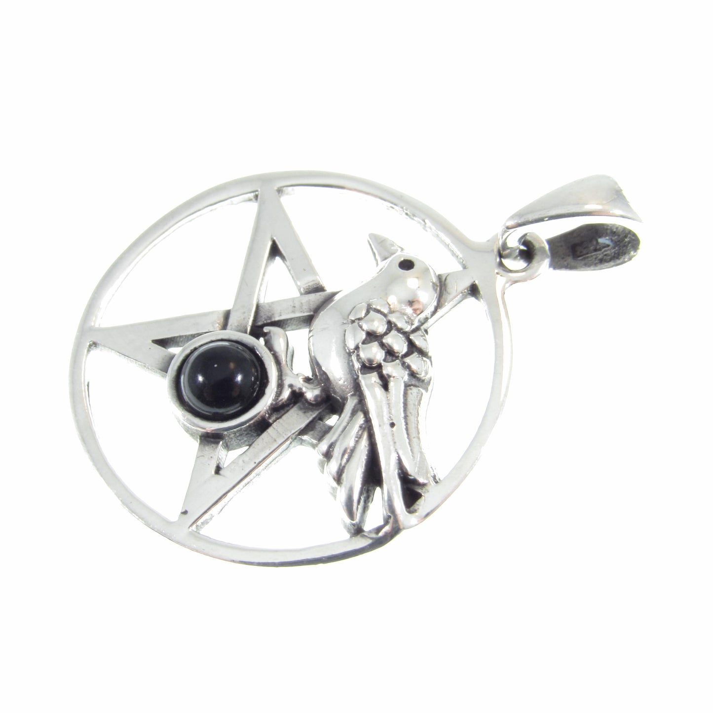 Solid 925 Sterling Silver Crow and Pentacle Pendant with Black Onyx Gemstone, Raven Pentagram, Wiccan & Pagan Jewelry, Gothic Witchy Charm