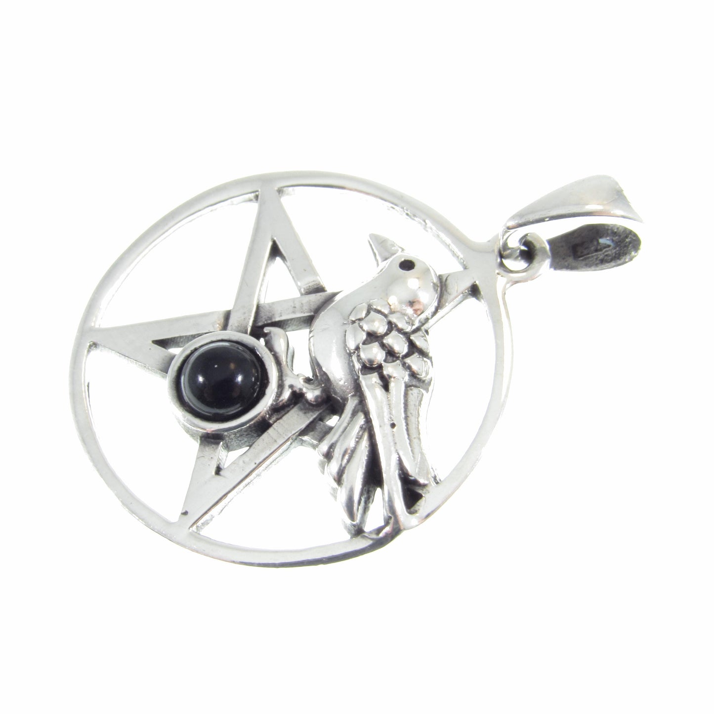 Solid 925 Sterling Silver Crow and Pentacle Pendant with Black Onyx, Gothic Raven Pentagram