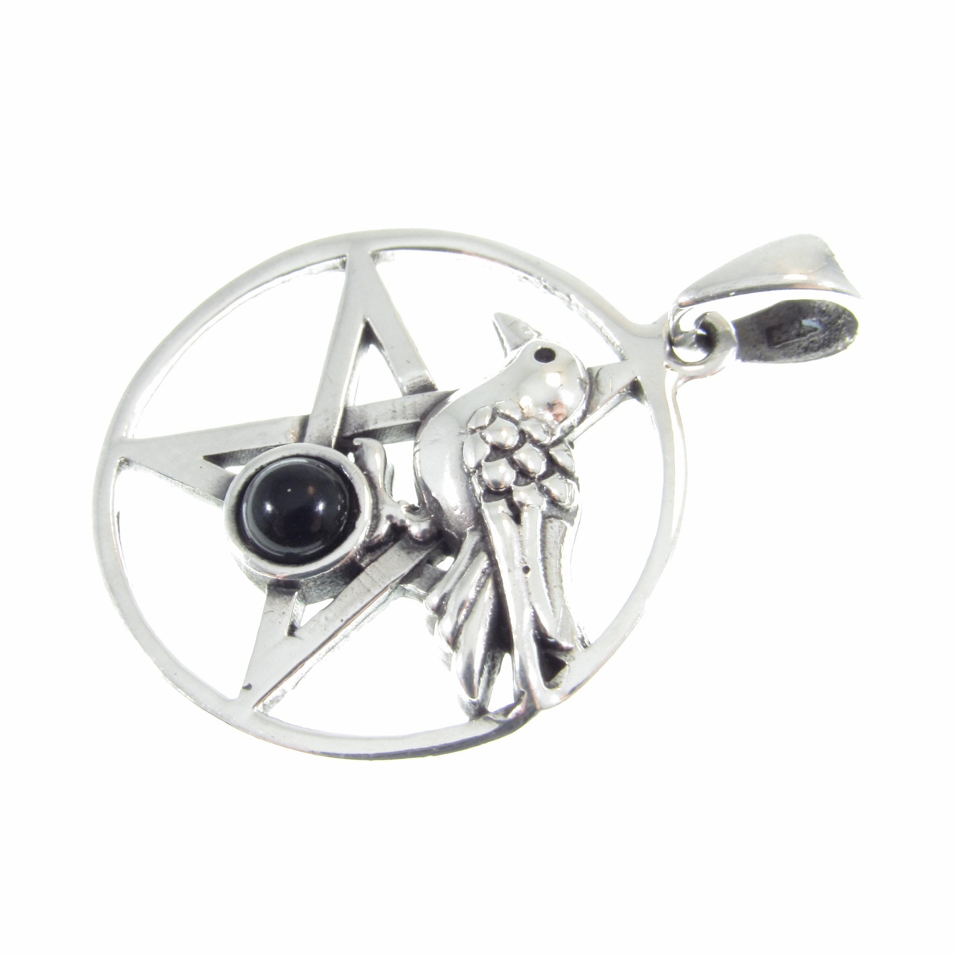 Solid 925 Sterling Silver Crow and Pentacle Pendant with Black Onyx, Gothic Raven Pentagram