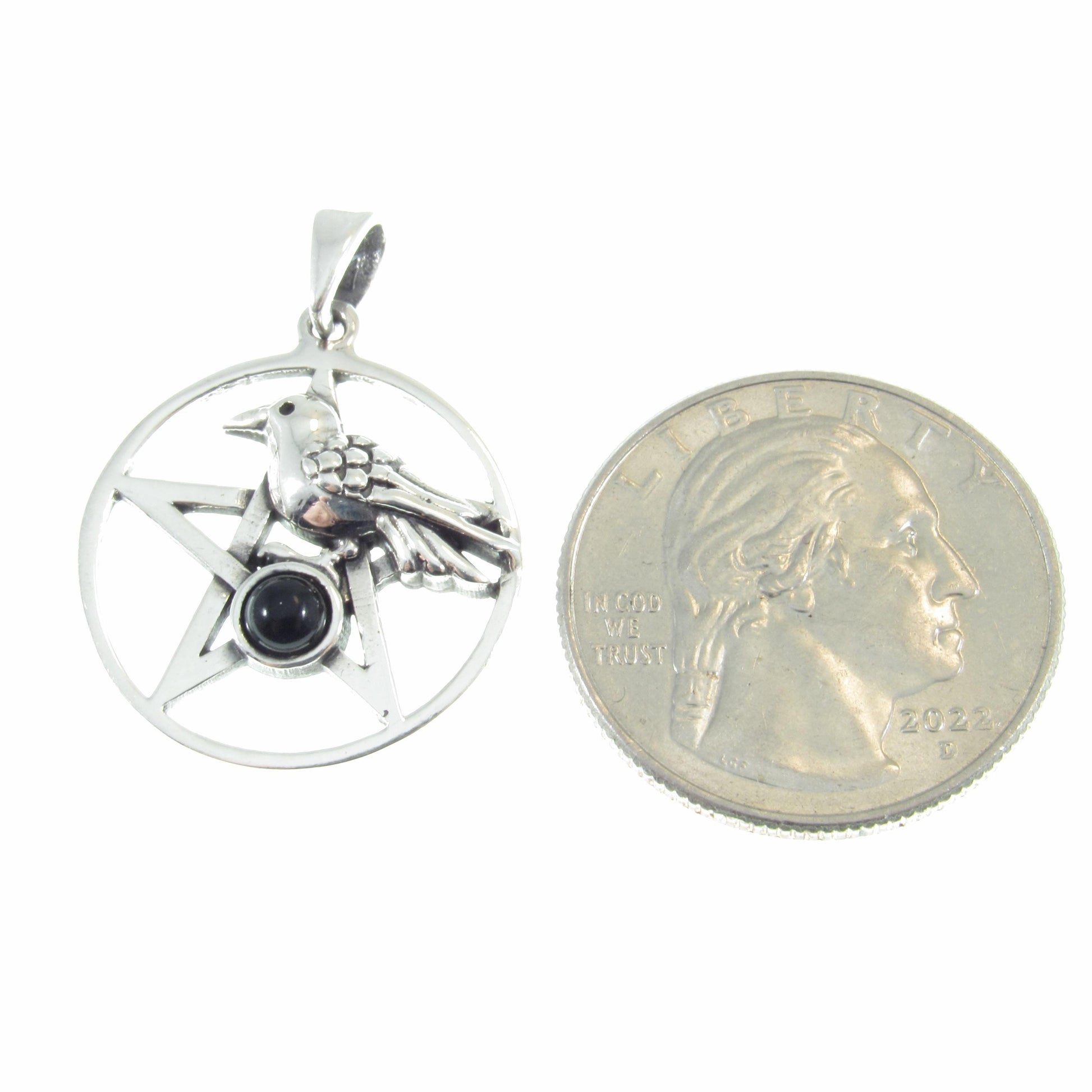 Solid 925 Sterling Silver Crow and Pentacle Pendant with Black Onyx Gemstone, Raven Pentagram, Wiccan & Pagan Jewelry, Gothic Witchy Charm