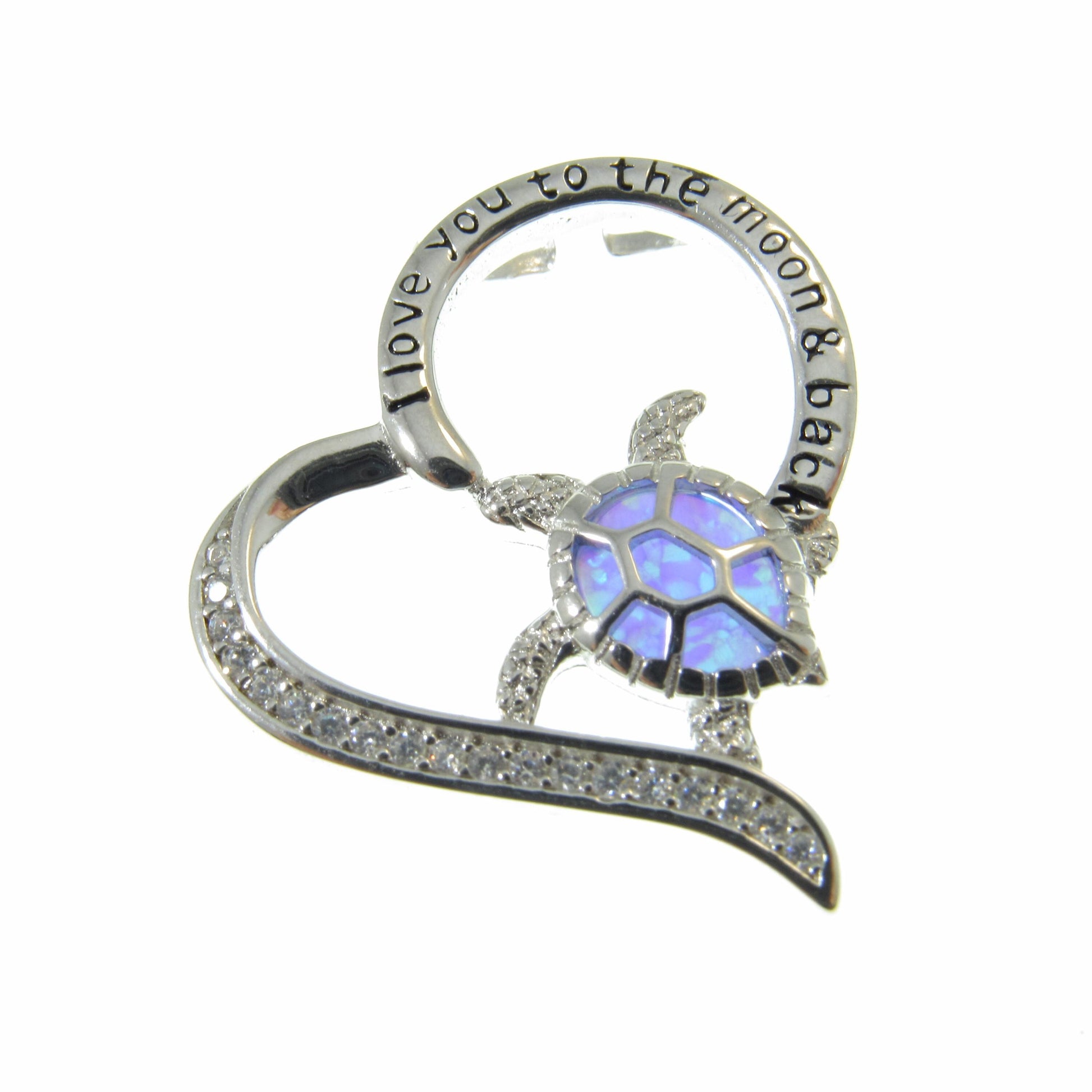 Solid 925 Sterling Silver and Blue or White Opal Turtle Heart Pendant, Engraved "I Love You to the Moon and Back" Handcrafted Jewelry