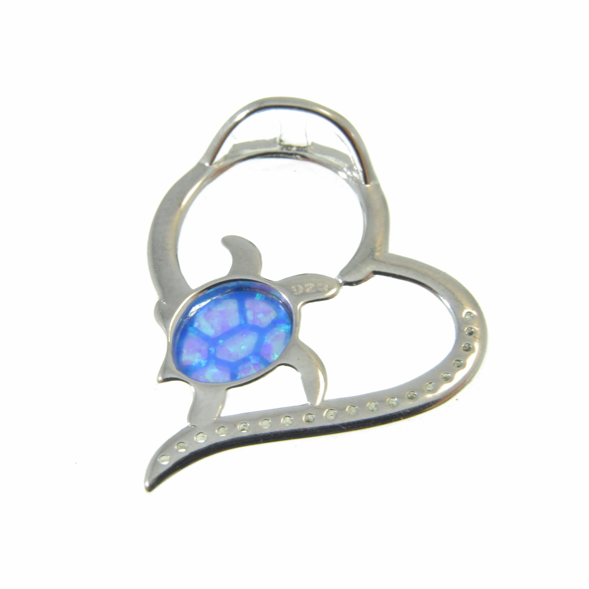 Solid 925 Sterling Silver and Blue or White Opal Turtle Heart Pendant, Engraved "I Love You to the Moon and Back" Handcrafted Jewelry