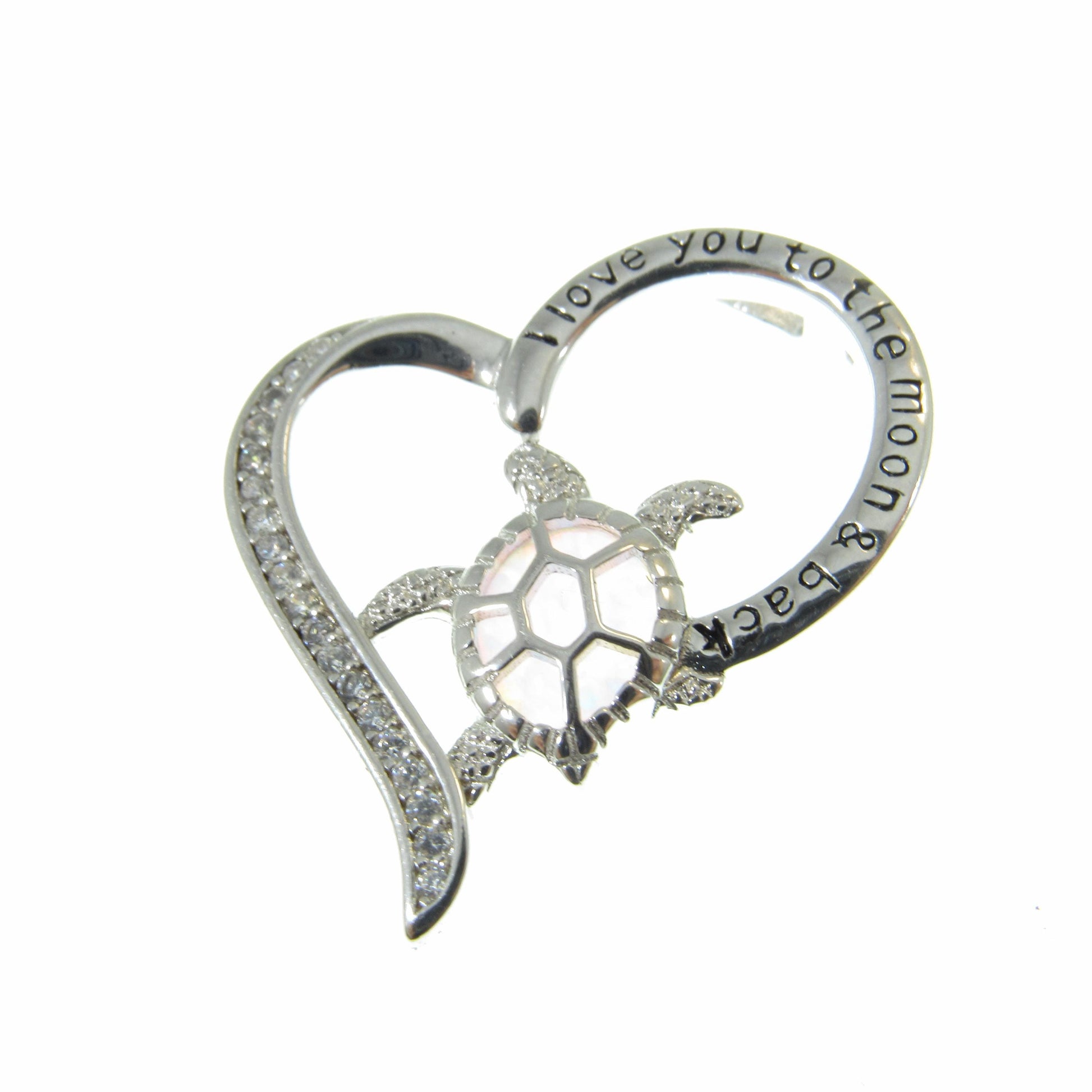 Solid 925 Sterling Silver and Blue or White Opal Turtle Heart Pendant, Engraved "I Love You to the Moon and Back" Handcrafted Jewelry
