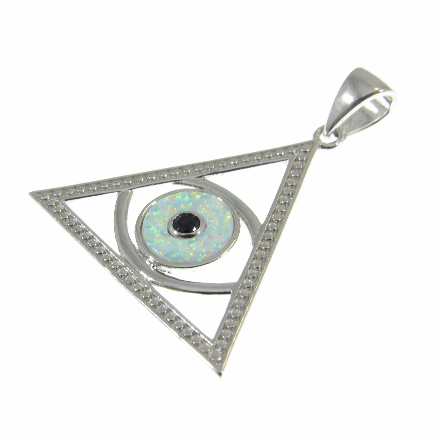 Solid 925 Sterling Silver and Blue or White Opal Eye of Providence Pyramid Pendant, Handcrafted All Seeing Eye in Triangle Charm