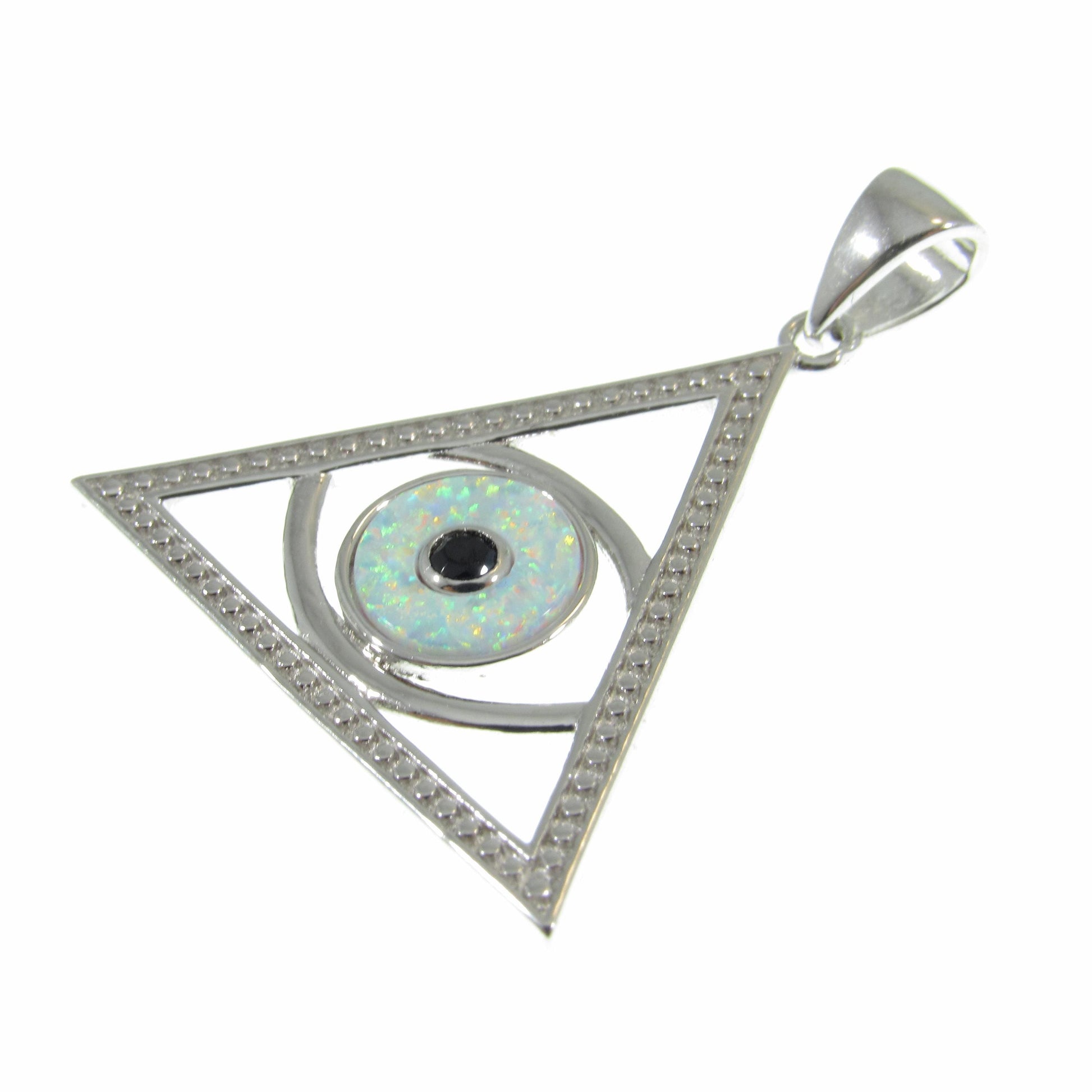 Solid 925 Sterling Silver and Blue or White Opal Eye of Providence Pyramid Pendant, Handcrafted All Seeing Eye in Triangle Charm