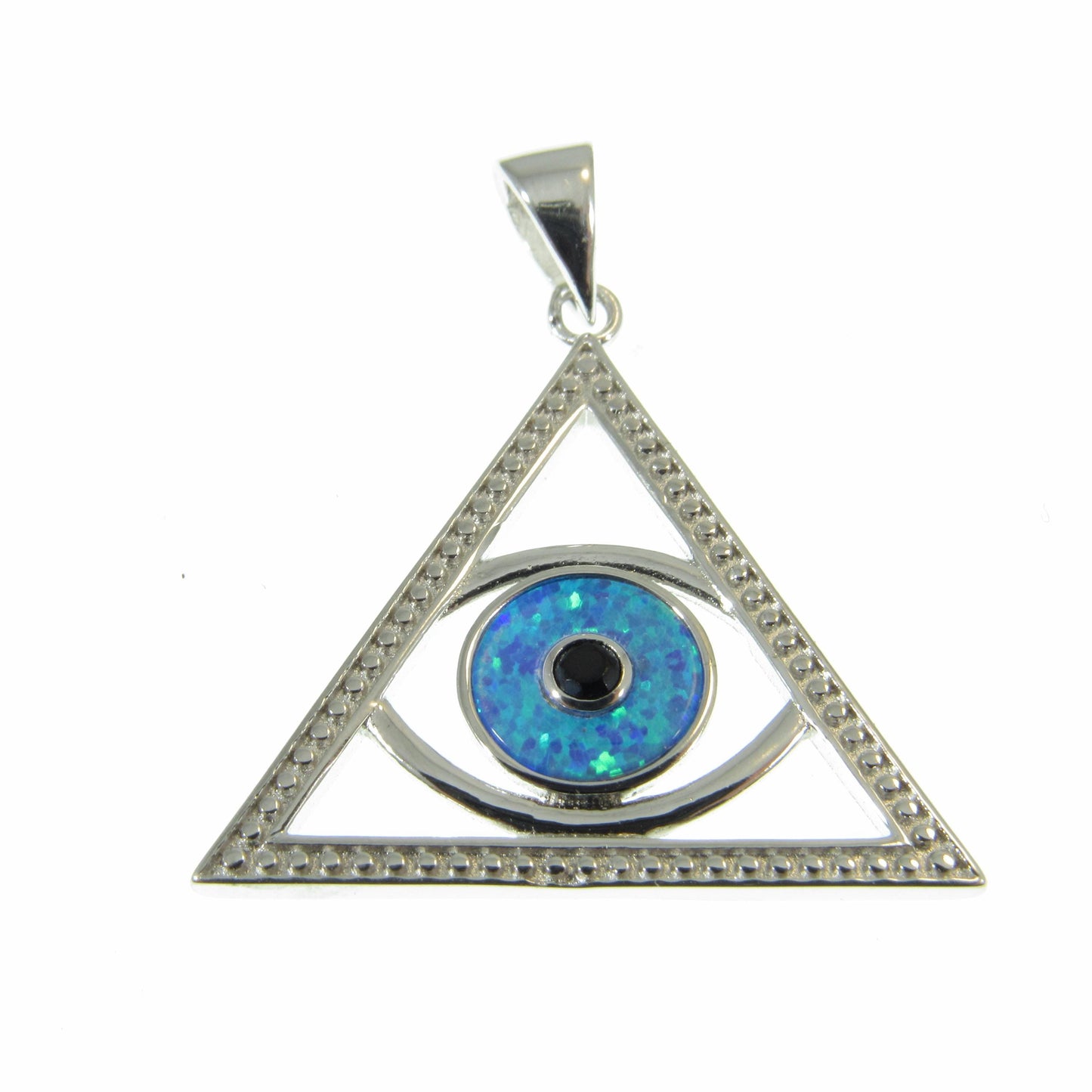 Solid 925 Sterling Silver and Blue or White Opal Eye of Providence Pyramid Pendant, Handcrafted All Seeing Eye in Triangle Charm