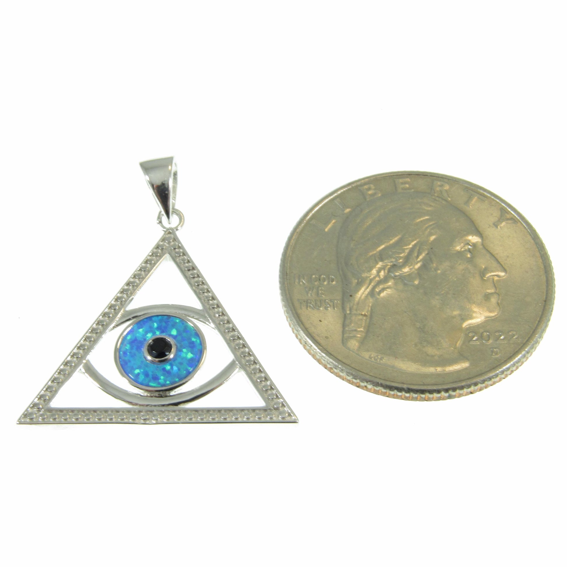 Solid 925 Sterling Silver and Blue or White Opal Eye of Providence Pyramid Pendant, Handcrafted All Seeing Eye in Triangle Charm