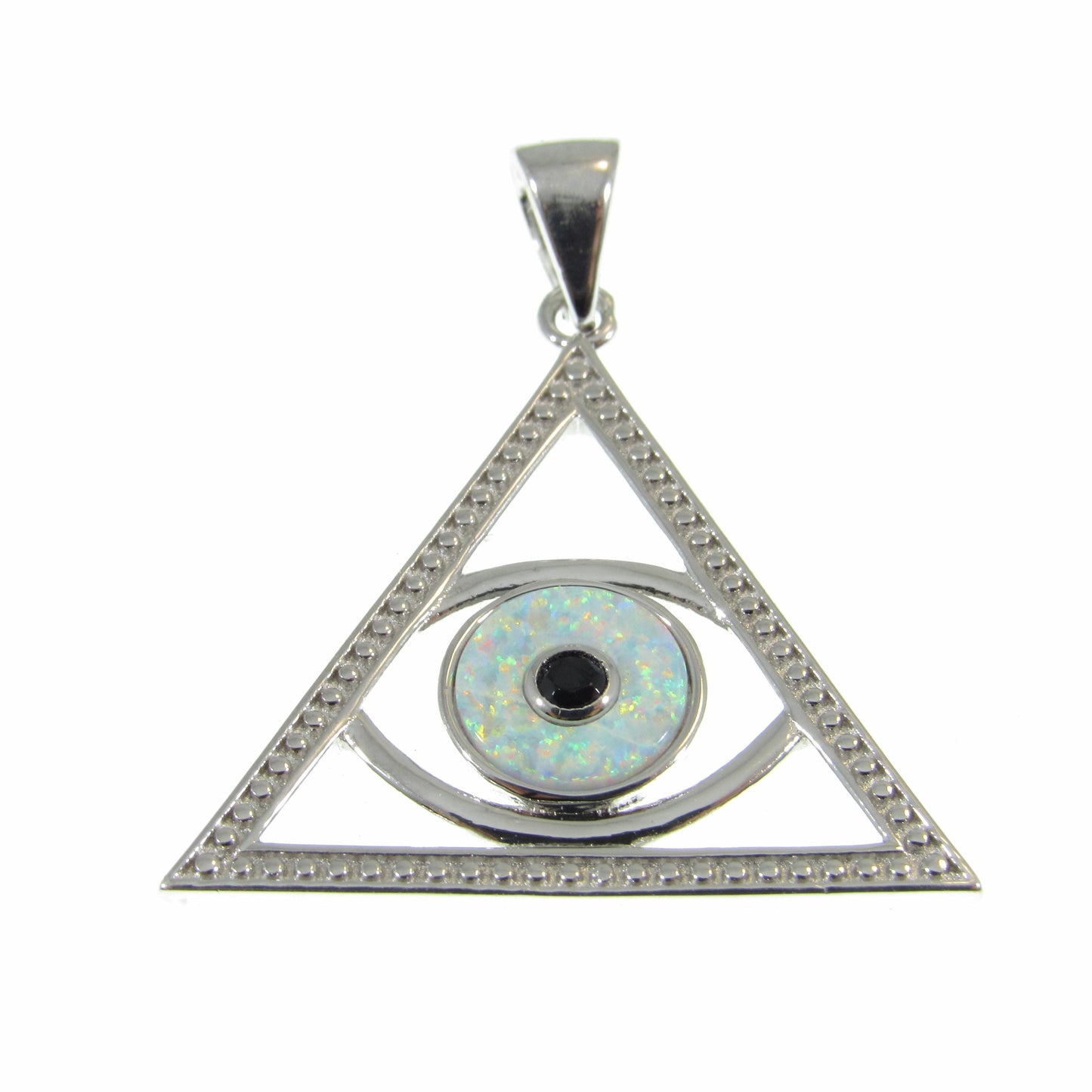 Solid 925 Sterling Silver and Blue or White Opal Eye of Providence Pyramid Pendant, Handcrafted All Seeing Eye in Triangle Charm