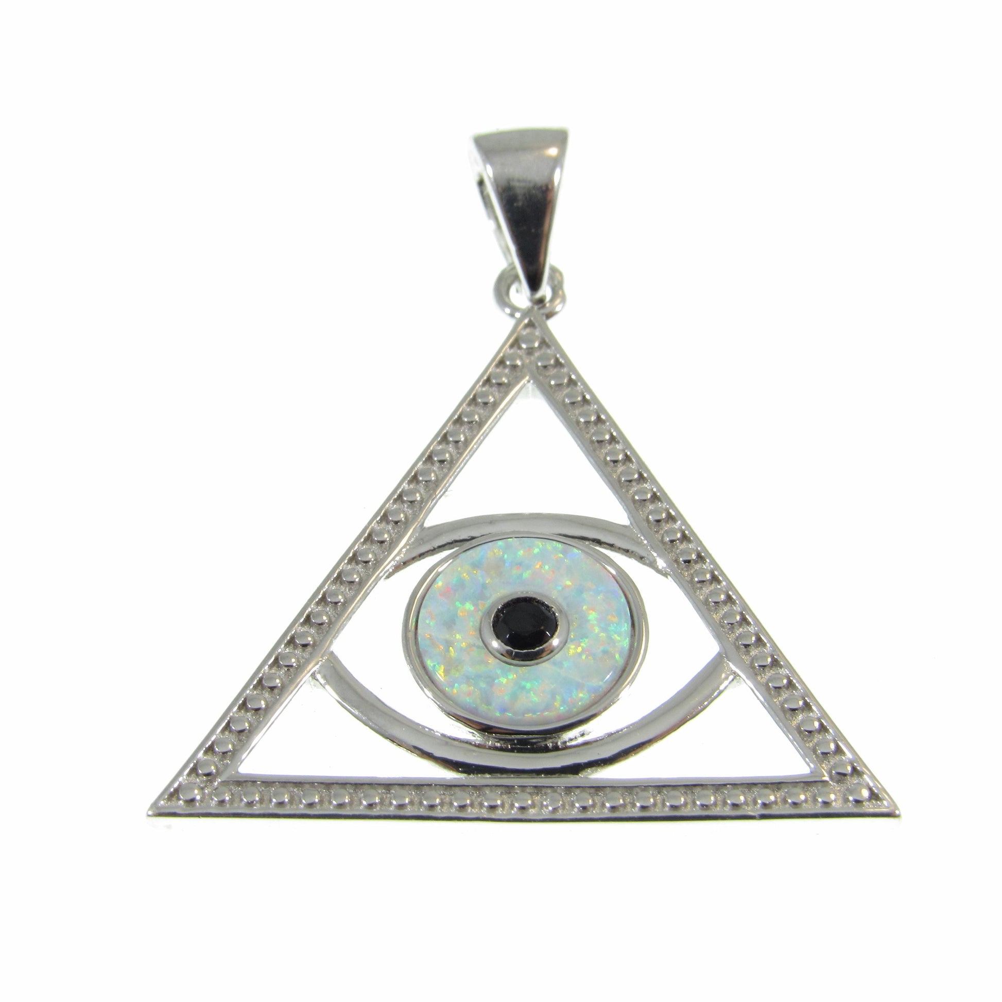 Solid 925 Sterling Silver and Blue or White Opal Eye of Providence Pyramid Pendant, Handcrafted All Seeing Eye in Triangle Charm