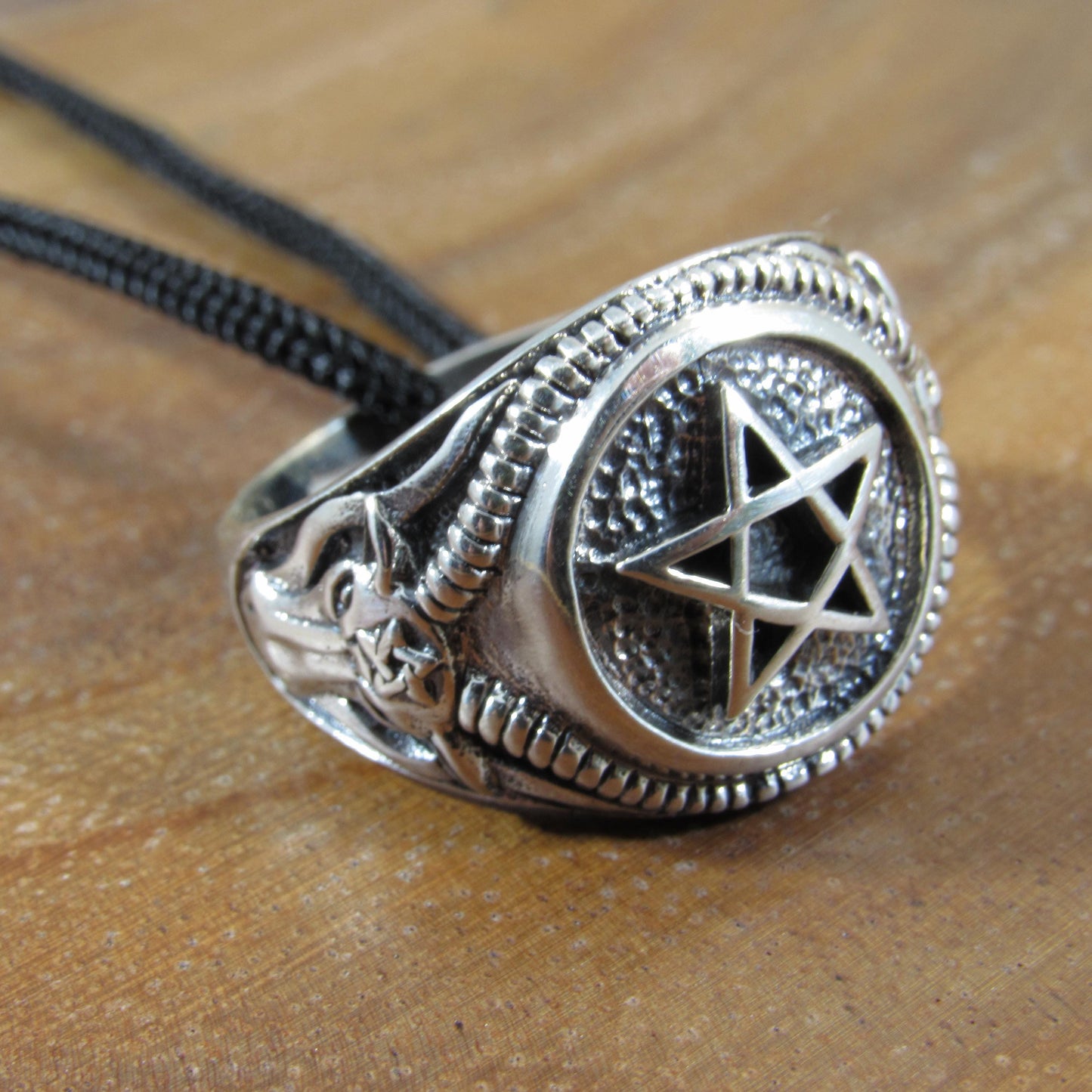 Solid 925 Sterling Silver Men's Pentagram and Baphomet Ring, Handcrafted Signet Pendant on Nylon Cord, Unique Alternative & Edgy Jewelry