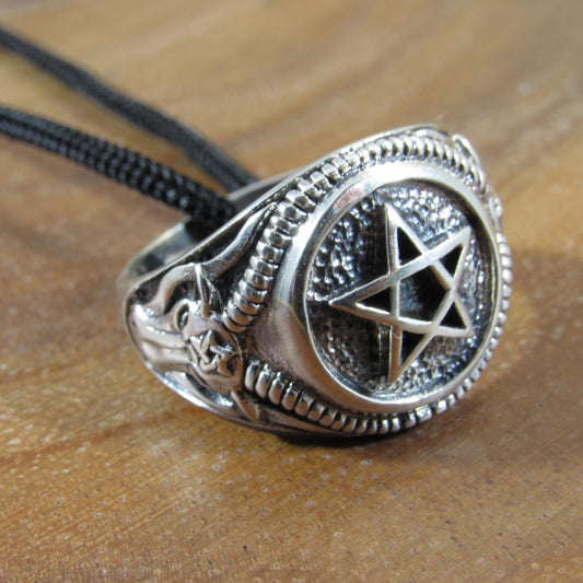 Solid 925 Sterling Silver Men's Pentagram and Baphomet Ring, Handcrafted Signet Pendant on Nylon Cord, Unique Alternative & Edgy Jewelry