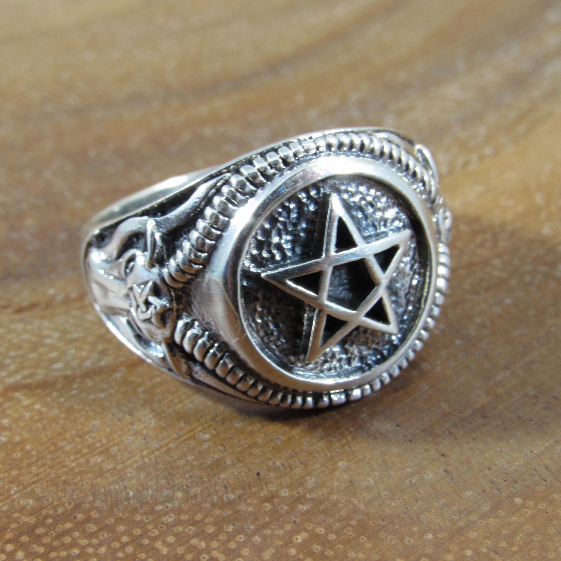 Solid 925 Sterling Silver Men's Pentagram and Baphomet Ring, Handcrafted Signet Pendant on Nylon Cord, Unique Alternative & Edgy Jewelry