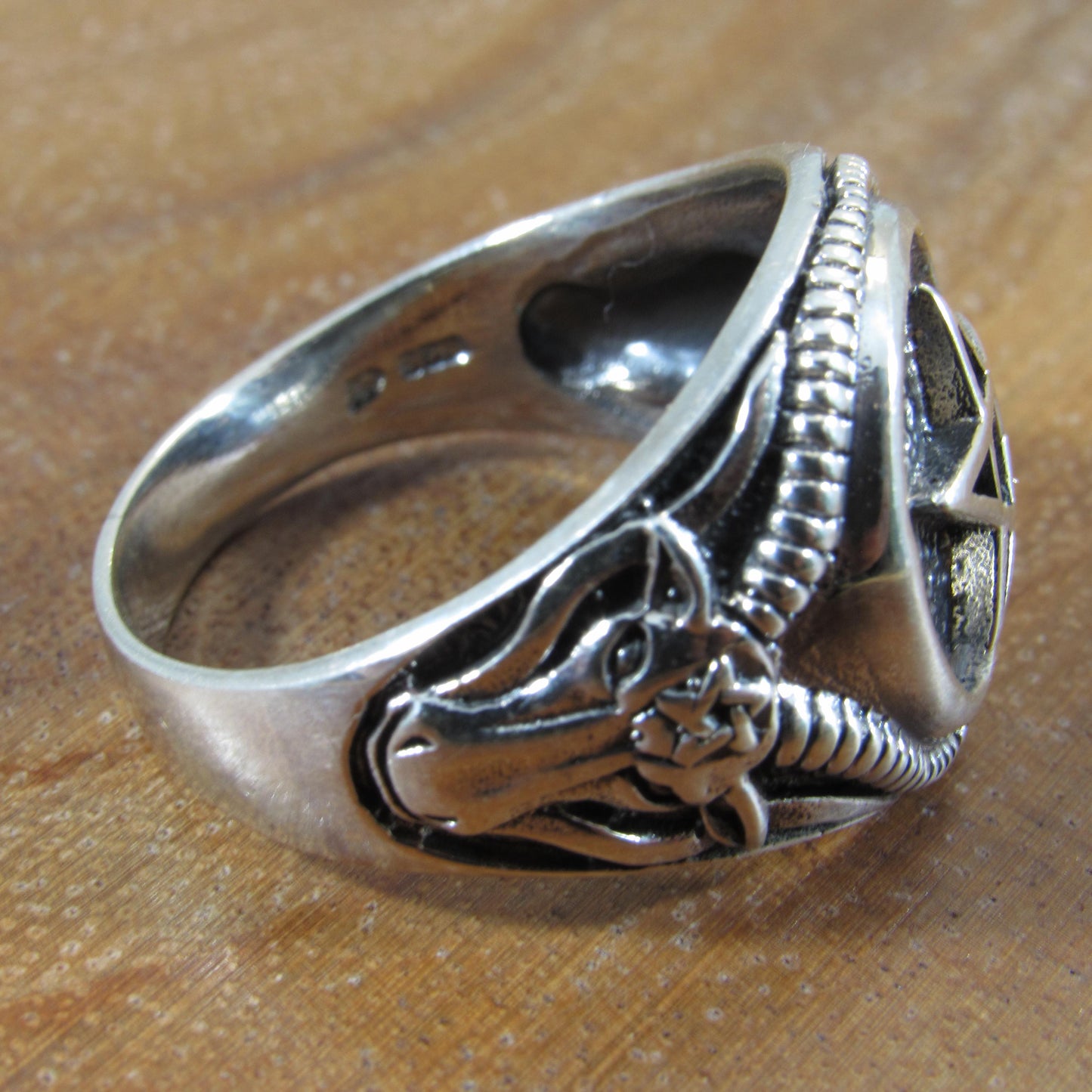 Solid 925 Sterling Silver Men's Pentagram and Baphomet Ring, Handcrafted Signet Pendant on Nylon Cord, Unique Alternative & Edgy Jewelry