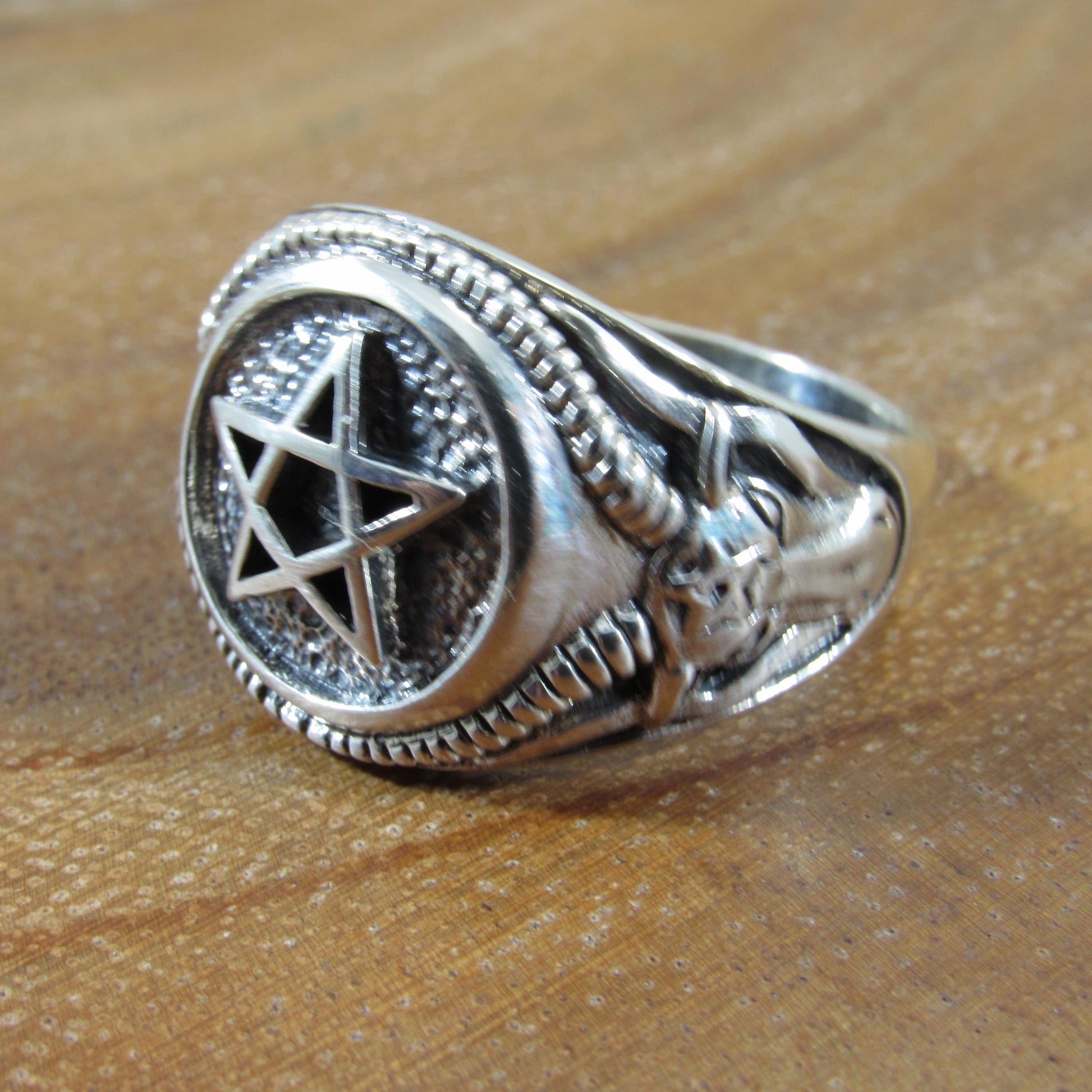 Solid 925 Sterling Silver Men's Pentagram and Baphomet Ring, Handcrafted Signet Pendant on Nylon Cord, Unique Alternative & Edgy Jewelry