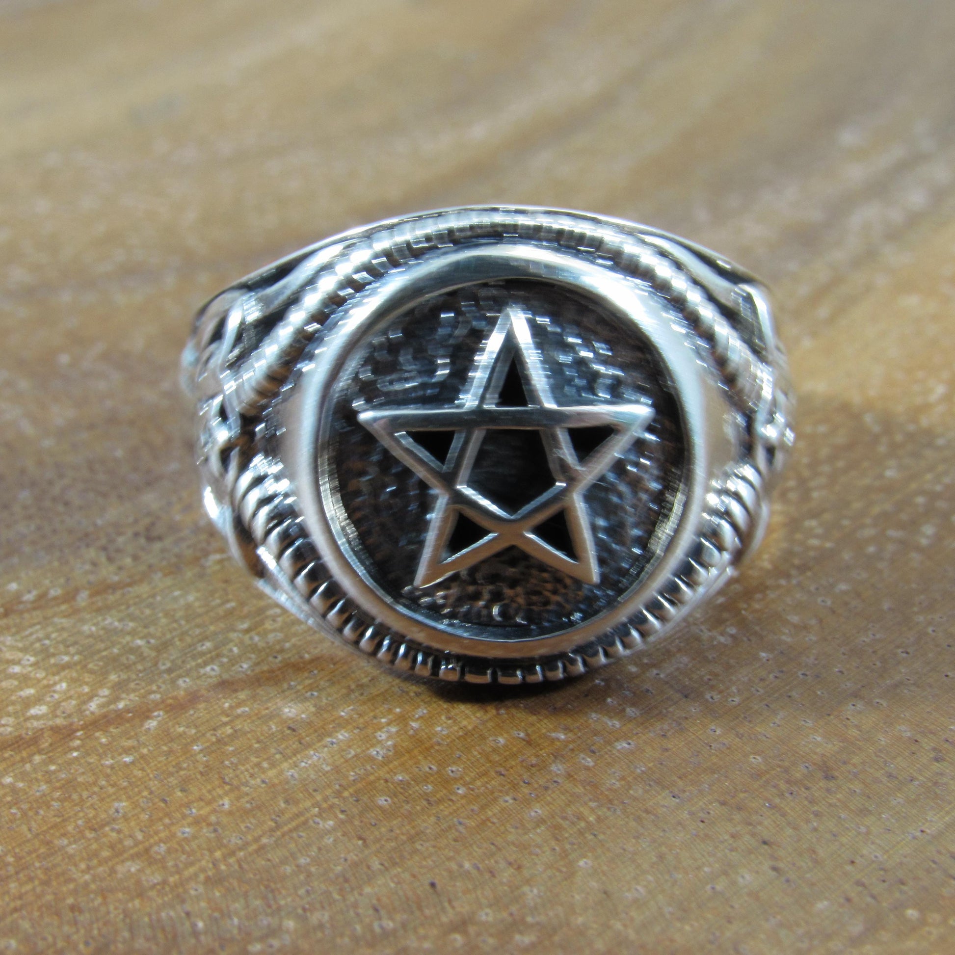 Solid 925 Sterling Silver Men's Pentagram and Baphomet Ring, Handcrafted Signet Pendant on Nylon Cord, Unique Alternative & Edgy Jewelry
