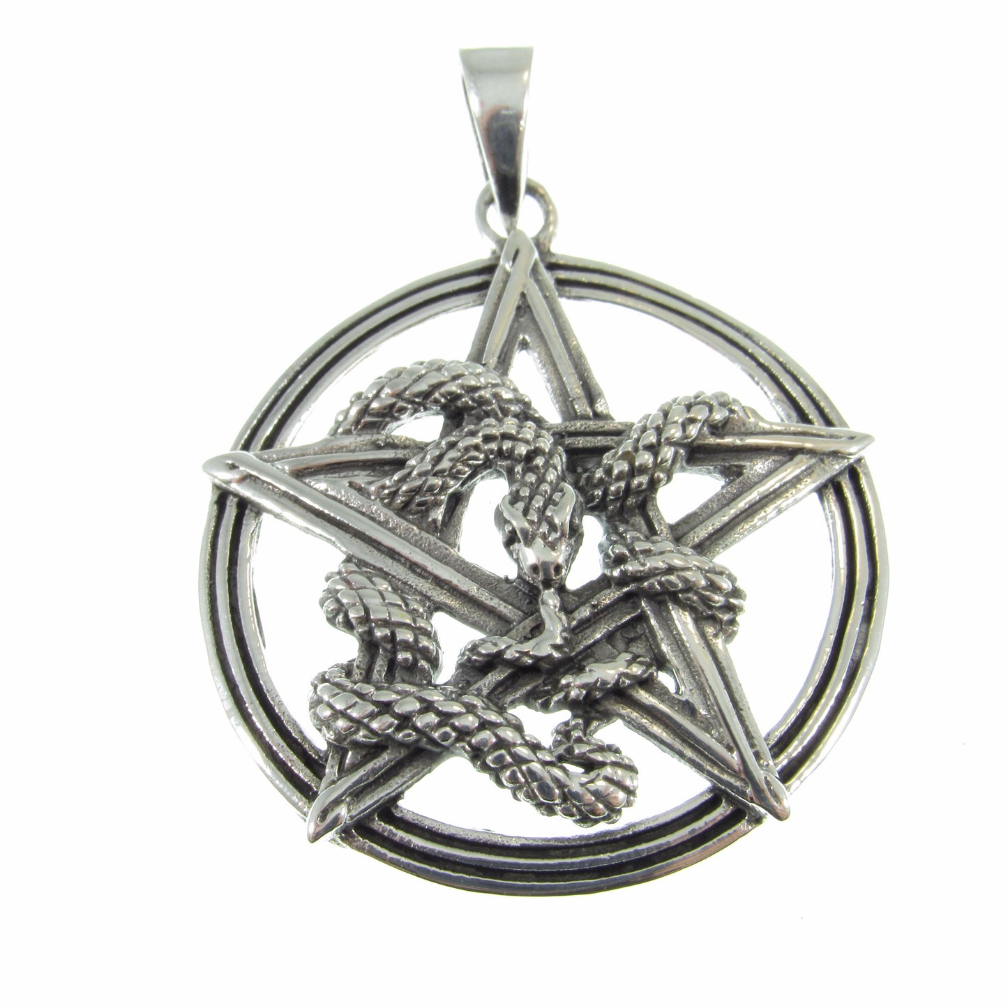 Solid 925 Sterling Silver Intertwined Snake Pentacle Pendant, Interwoven Serpent Ouroboros Pentagram, Pagan Amulet