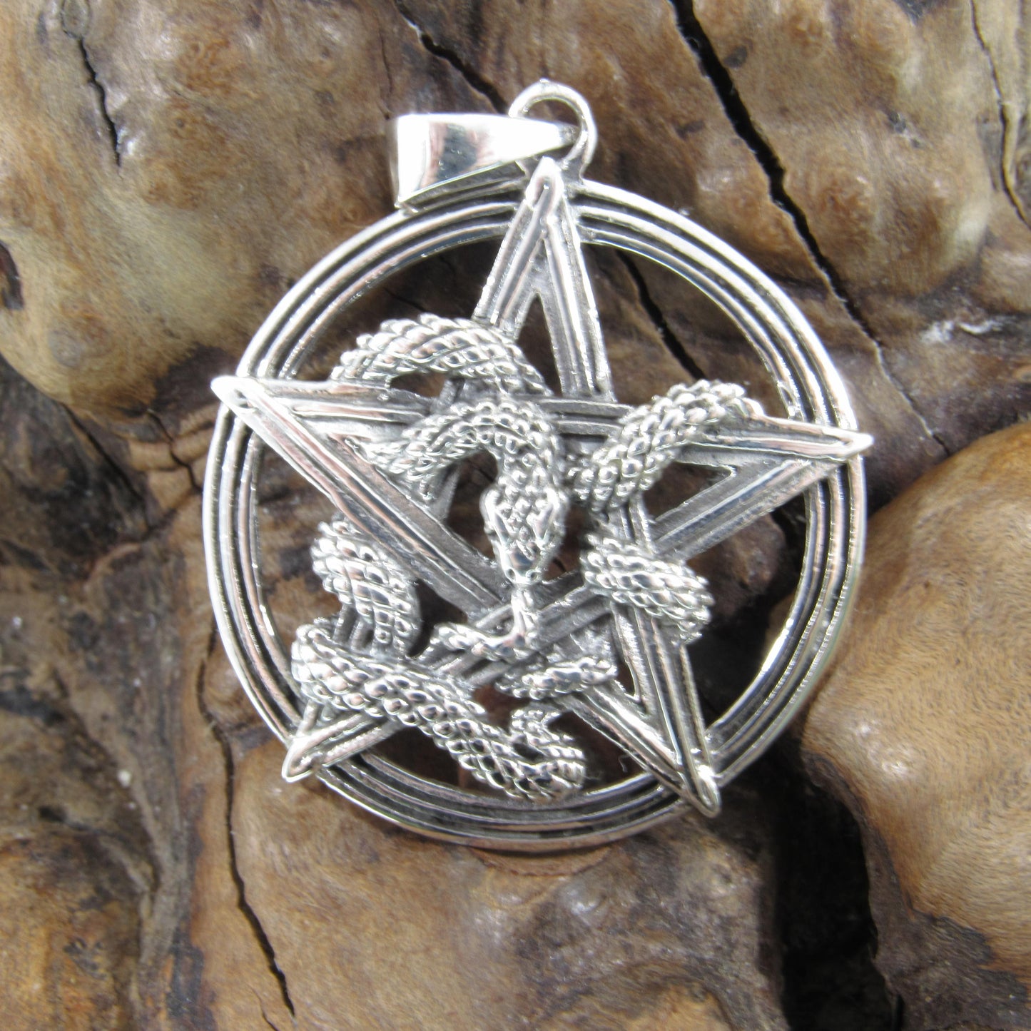 Solid 925 Sterling Silver Intertwined Snake Pentacle Pendant - Interwoven Ouroboros Pentagram -Pagan Amulet - Magic Wiccan Talisman