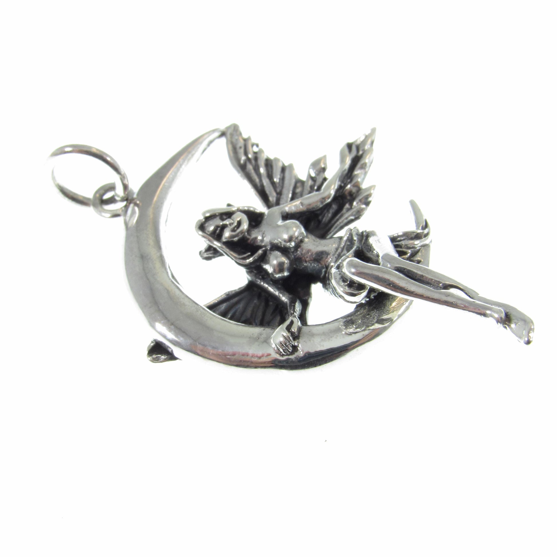 Solid 925 Sterling Silver Fairy on Crescent Moon Pendant, Magical Celestial Amulet, Whimsical Enchanting Moonlit Faerie Jewelry