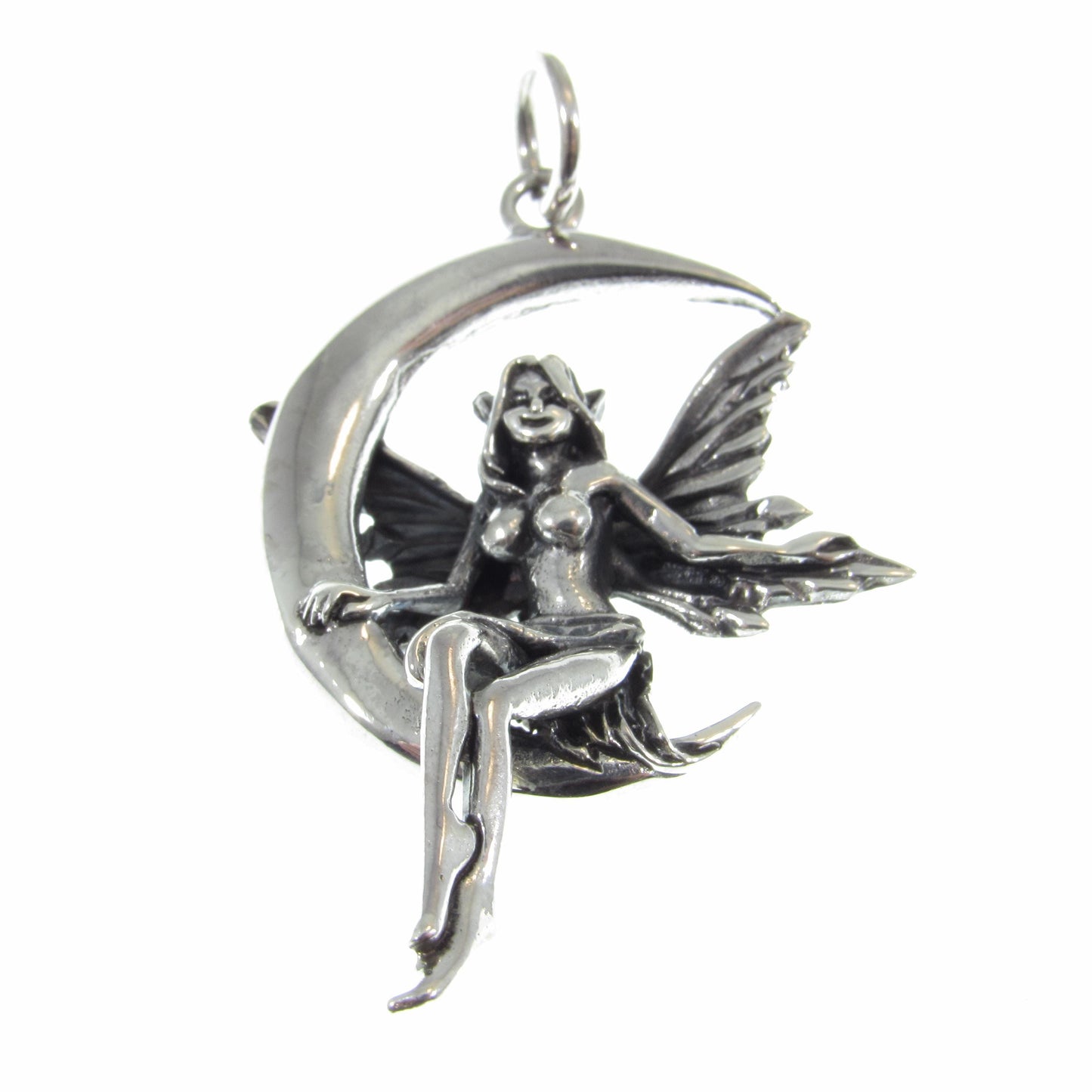 Solid 925 Sterling Silver Fairy on Crescent Moon Pendant, Magical Celestial Amulet, Whimsical Enchanting Moonlit Faerie Jewelry
