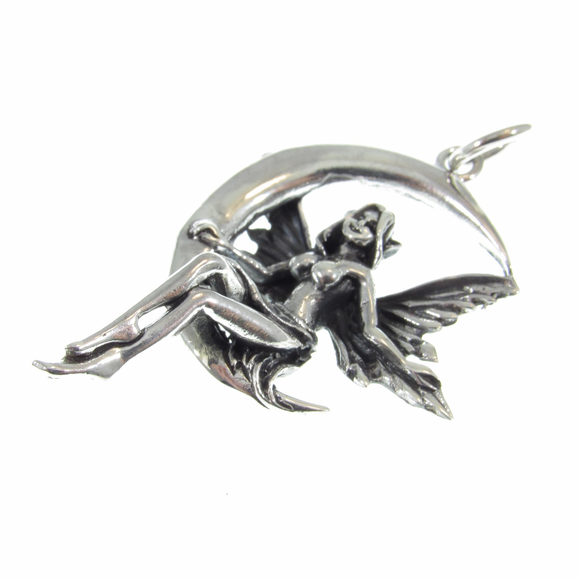 Solid 925 Sterling Silver Fairy on Crescent Moon Pendant, Magical Celestial Amulet, Whimsical Enchanting Moonlit Faerie Jewelry