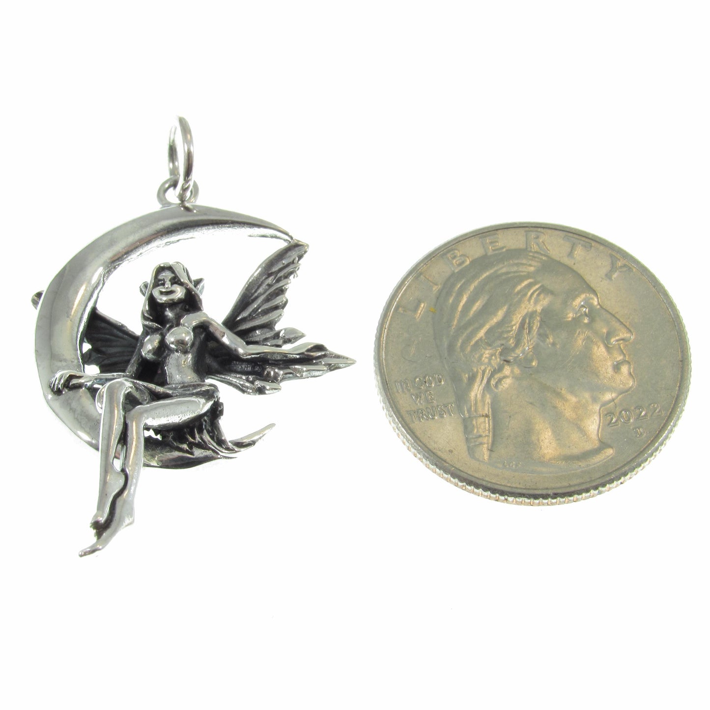 Solid 925 Sterling Silver Fairy on Crescent Moon Pendant, Magical Celestial Amulet, Whimsical Enchanting Moonlit Faerie Jewelry