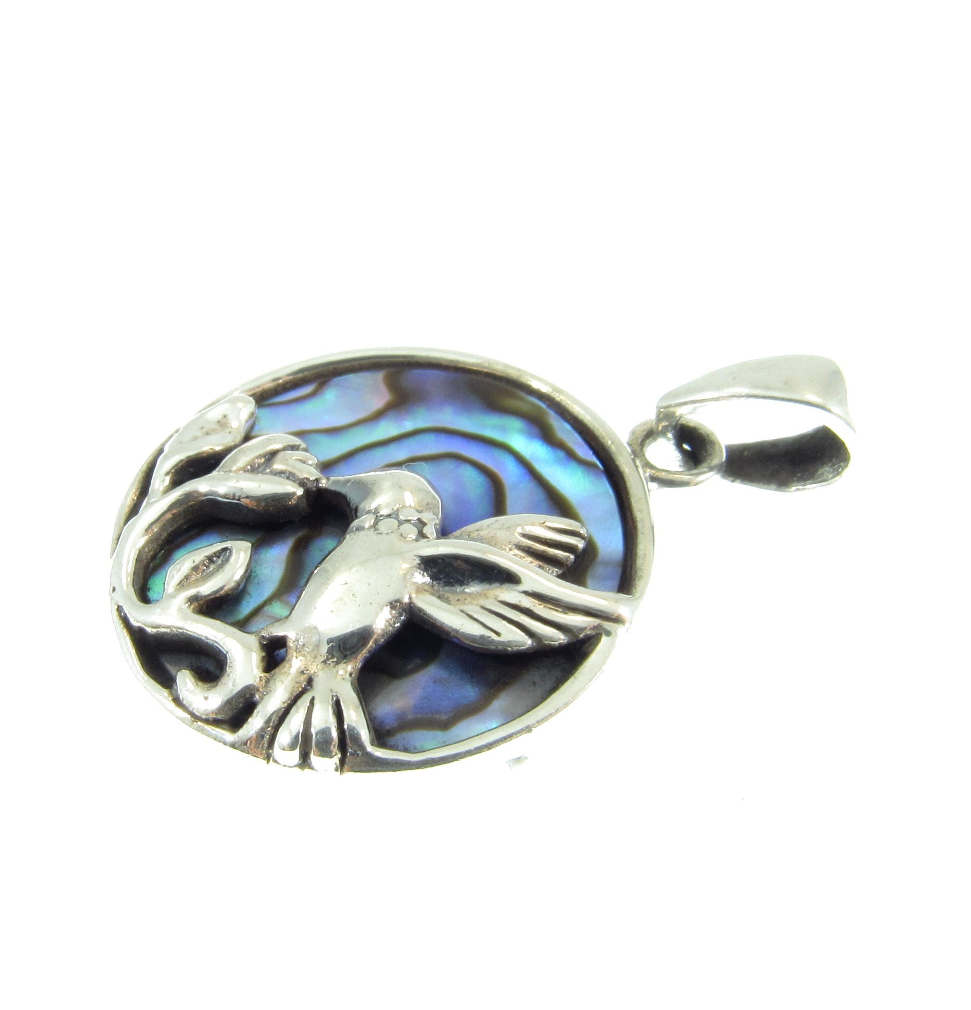 Solid 925 Sterling Silver Hummingbird & Flower Pendant - Colorful Rainbow Paua / Abalone Shell Inlay - Nature Inspired Jewelry Charm