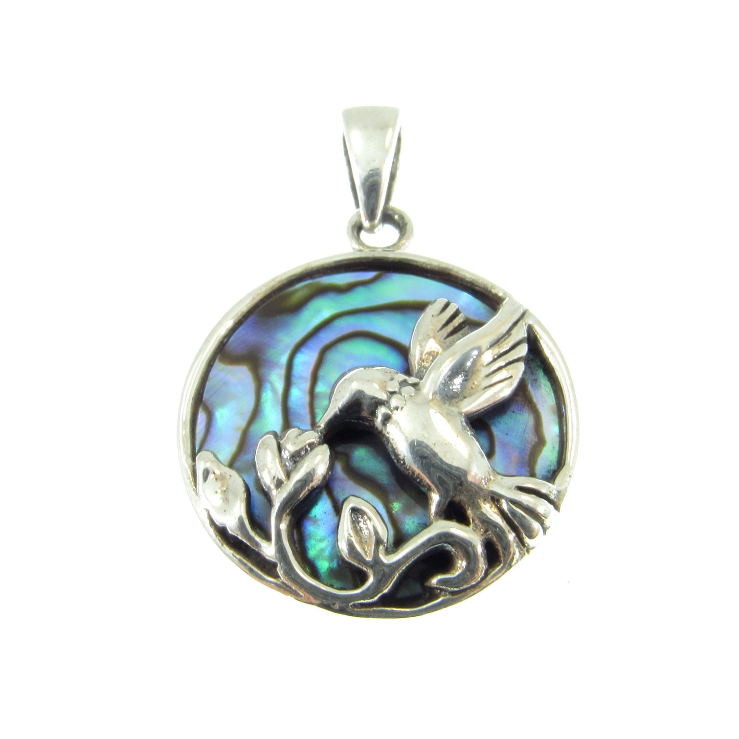 Solid 925 Sterling Silver Hummingbird & Flower Pendant - Colorful Rainbow Paua / Abalone Shell Inlay - Nature Inspired Jewelry Charm