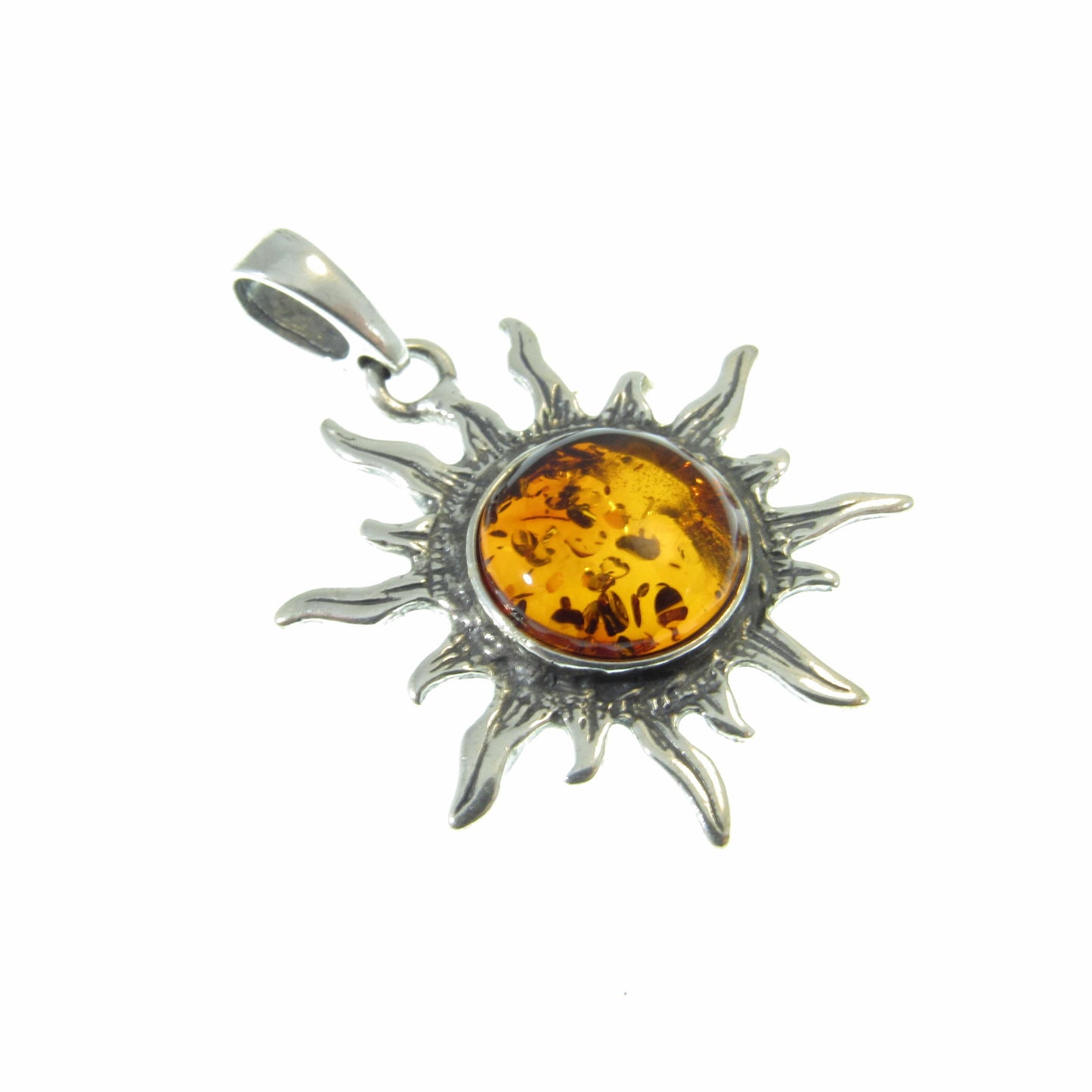 Solid 925 Sterling Silver Baltic Honey or Green Amber Celestial Sun Pendant - Sunburst Amulet - Solar Energy Charm - Unique Cosmic Jewelry