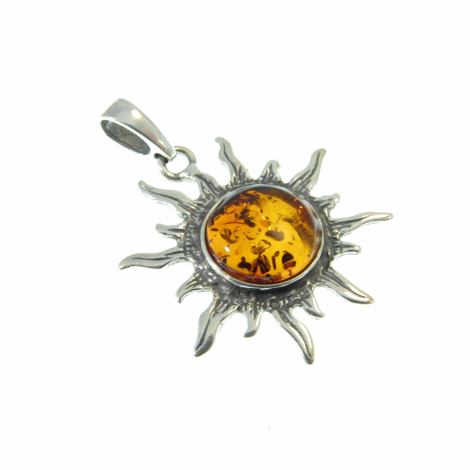 Solid 925 Sterling Silver Baltic Honey or Green Amber Celestial Sun Pendant - Sunburst Amulet - Solar Energy Charm - Unique Cosmic Jewelry