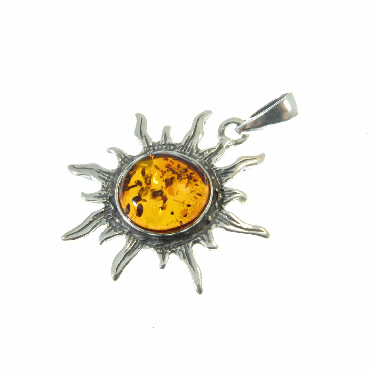 Solid 925 Sterling Silver Baltic Honey or Green Amber Celestial Sun Pendant - Sunburst Amulet - Solar Energy Charm - Unique Cosmic Jewelry
