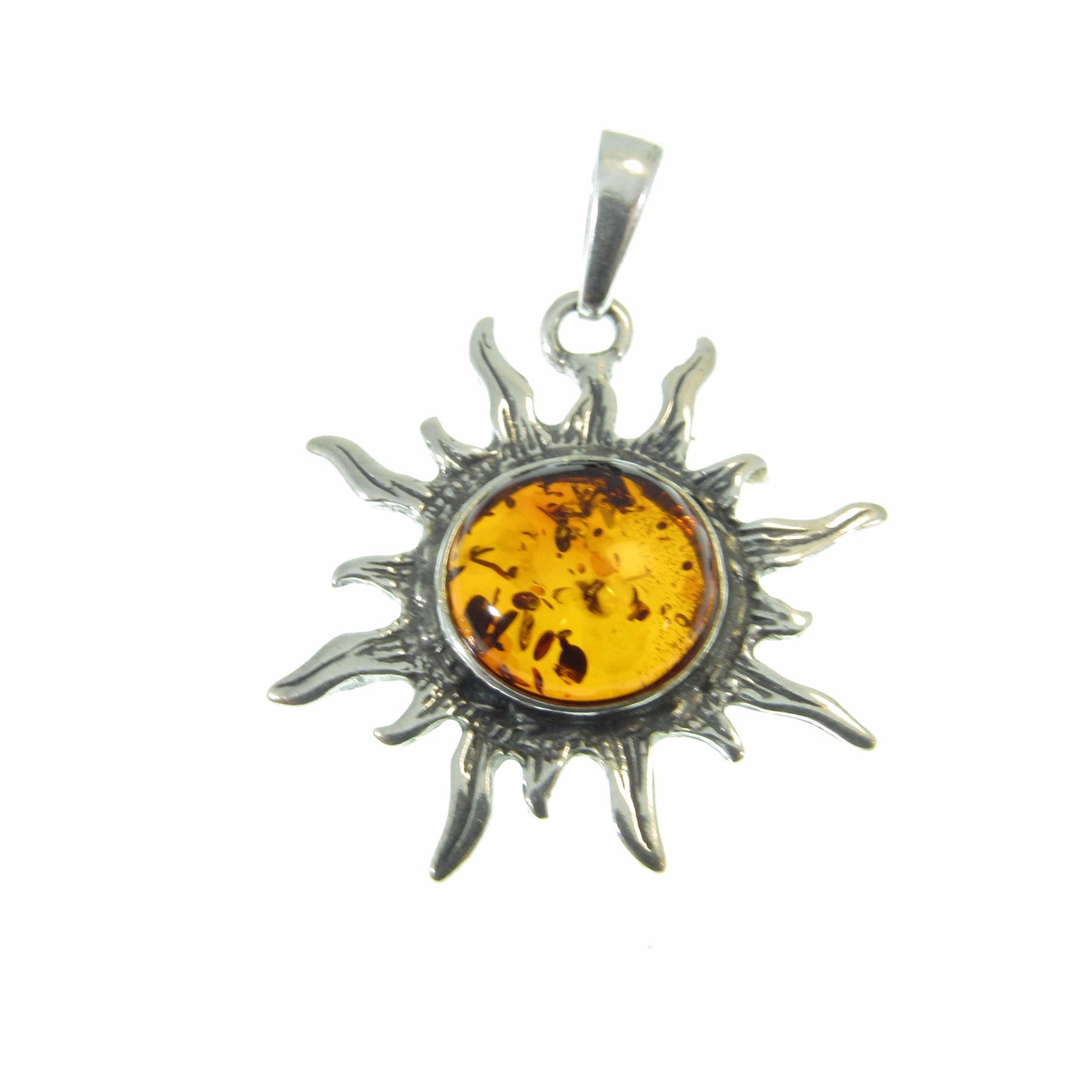 Solid 925 Sterling Silver Baltic Honey or Green Amber Celestial Sun Pendant - Sunburst Amulet - Solar Energy Charm - Unique Cosmic Jewelry