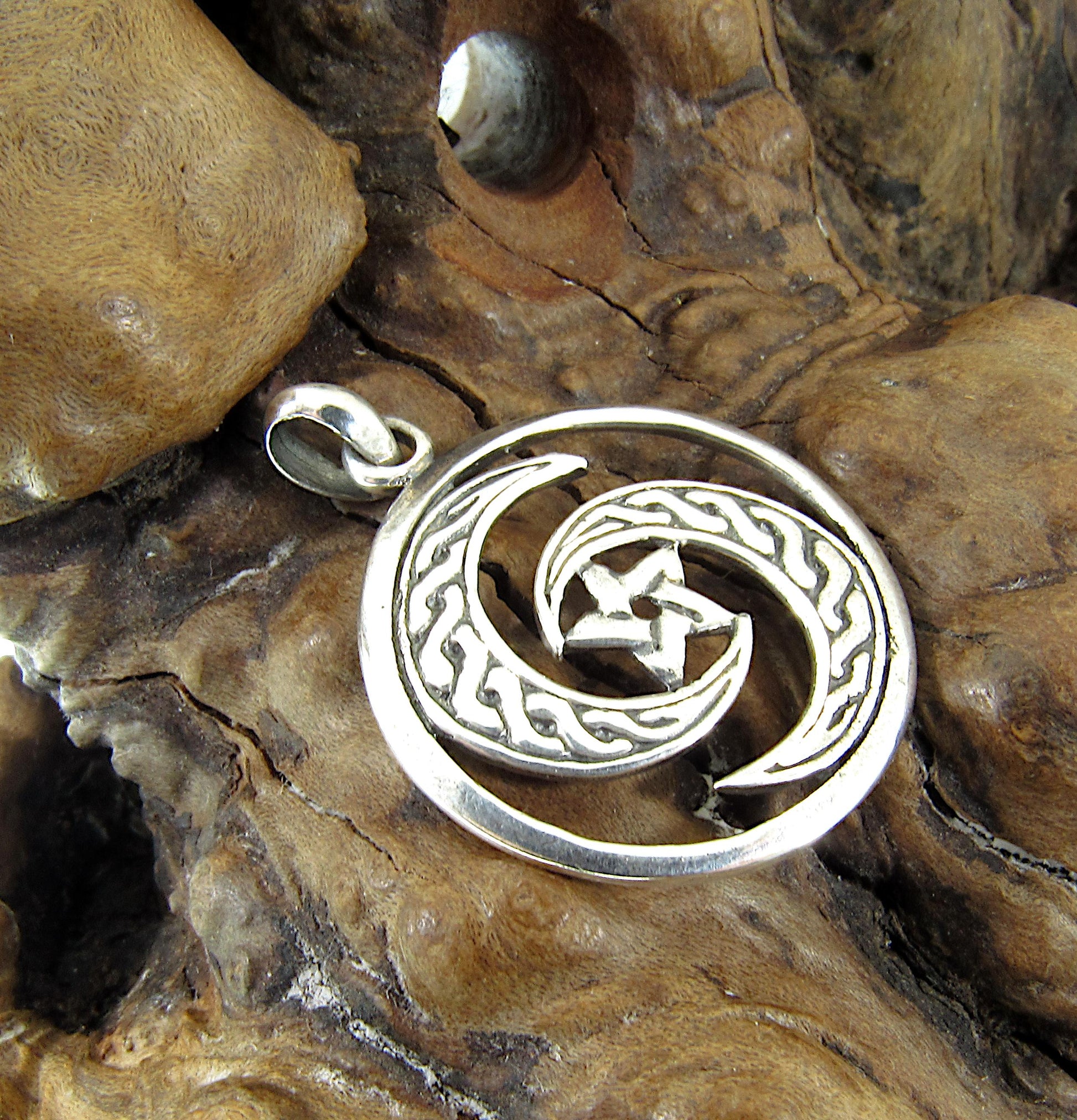 Solid 925 Sterling Silver Celtic Goddess Crescent Moon Pentagram Pendant, Wiccan Pagan Amulet, Protection Jewelry, Yin Yang Charm