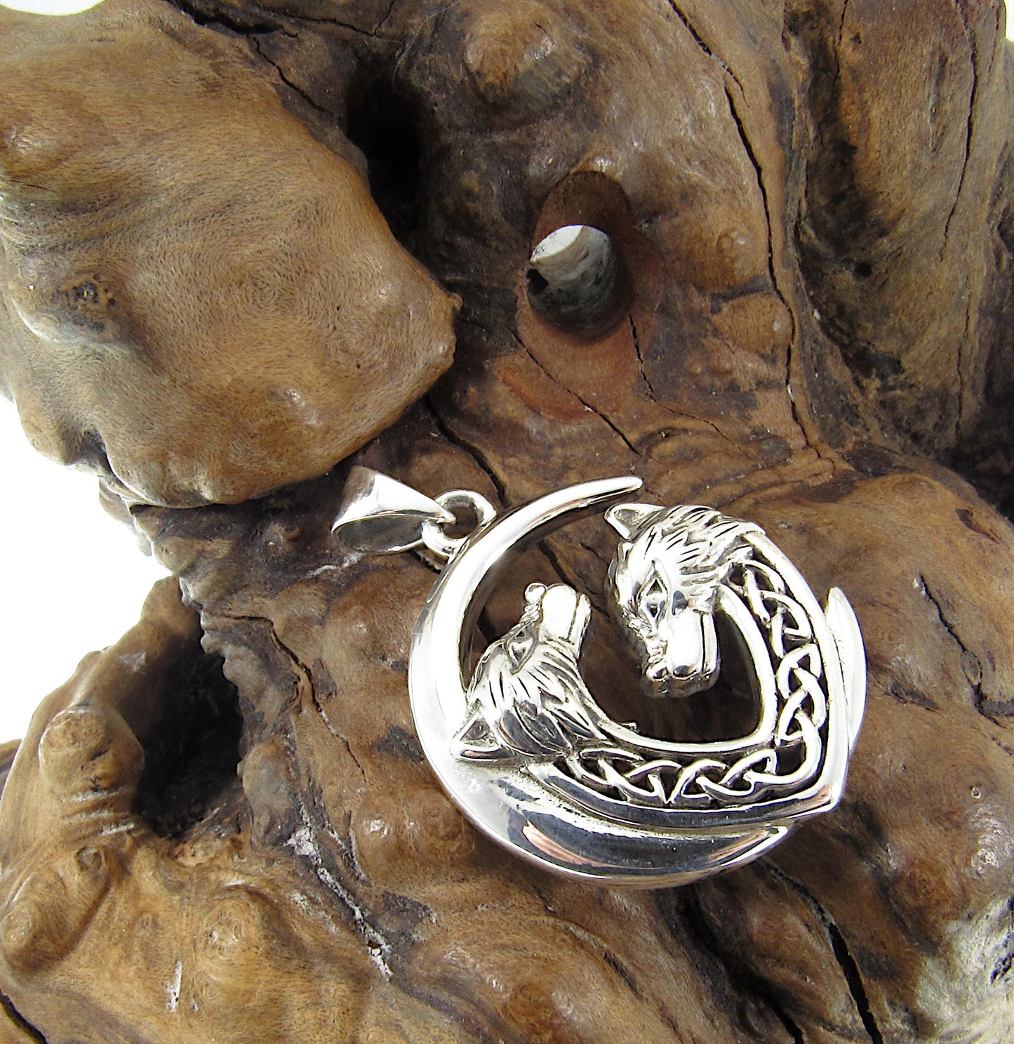 Solid 925 Sterling Silver Wolf Moon Celtic Knot Pendant, Handcrafted Jewelry With Two Wolves Under Crescent Moon, Unique Mystical Amulet