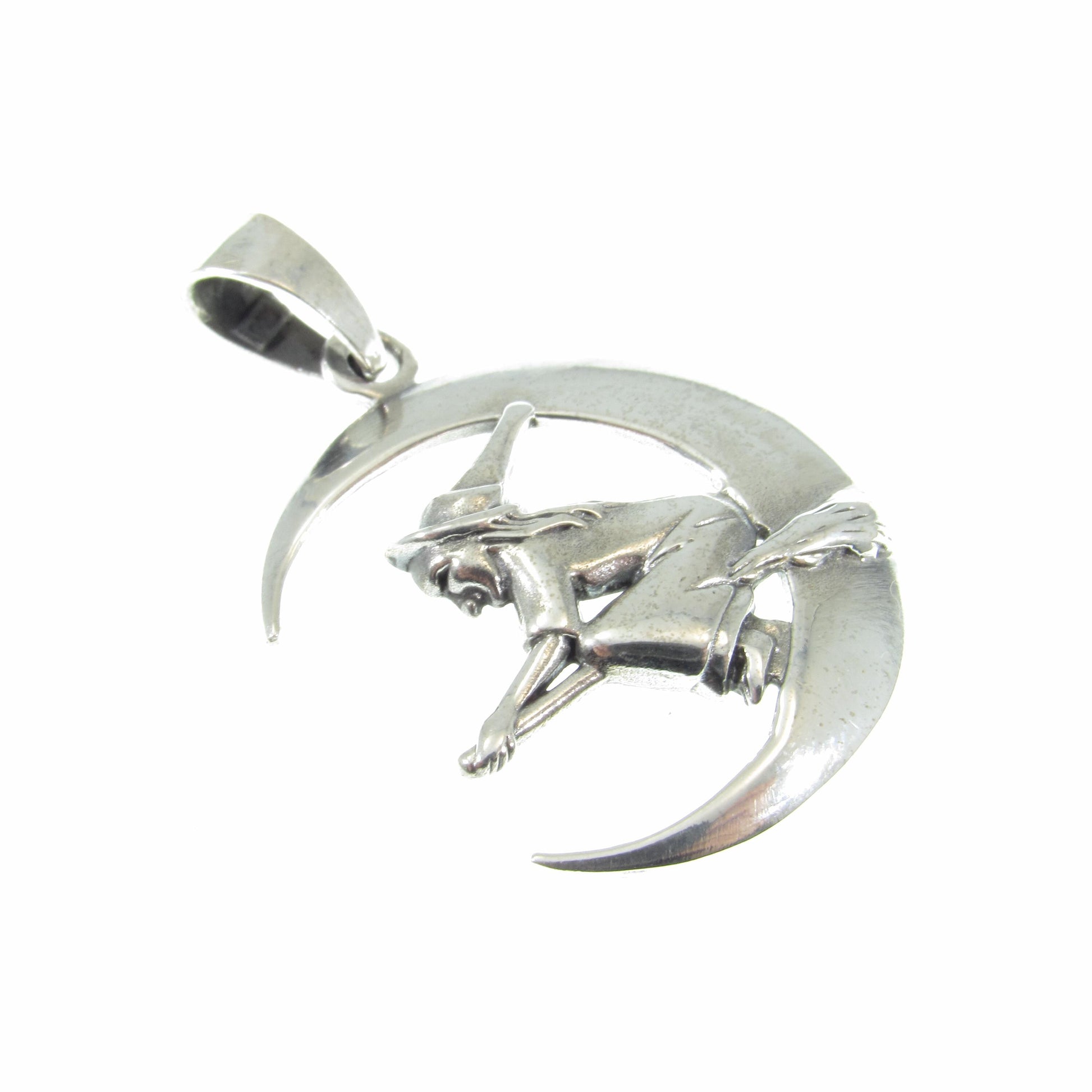 Solid 925 Sterling Silver Witch Flying on Crescent Moon Pendant – Handcrafted Wiccan Jewelry – Witchy Gift Idea – Pagan Crescent Moon Charm