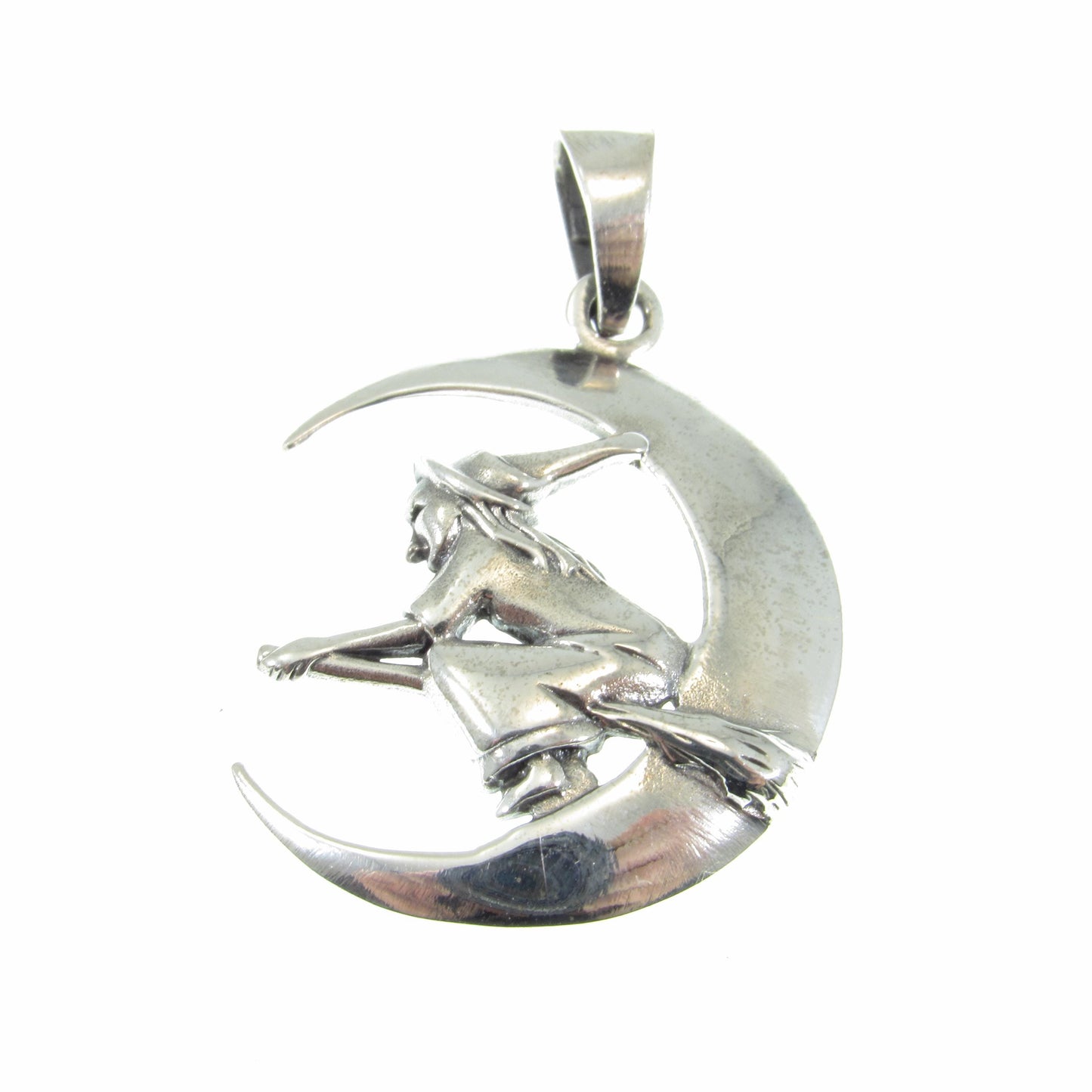 Solid 925 Sterling Silver Witch Flying on Crescent Moon Pendant – Handcrafted Wiccan Jewelry – Witchy Gift Idea – Pagan Crescent Moon Charm