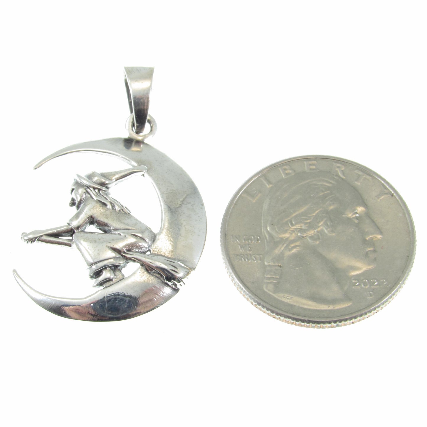 Solid 925 Sterling Silver Witch Flying on Crescent Moon Pendant – Handcrafted Wiccan Jewelry – Witchy Gift Idea – Pagan Crescent Moon Charm