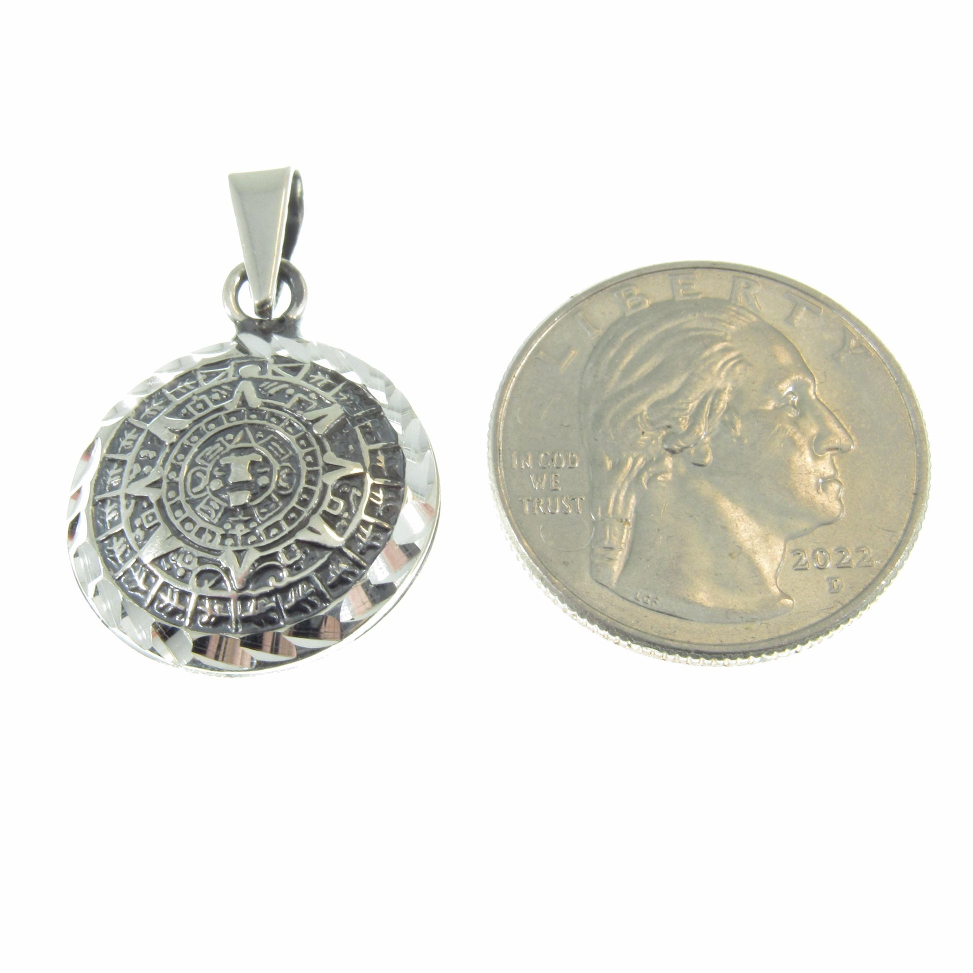 Solid 925 Sterling Silver Puffed Aztec Sun Stone Pendant, Handcrafted Mayan Calendar Charm, Zodiac Wheel Amulet, Sacred Round Jewelry