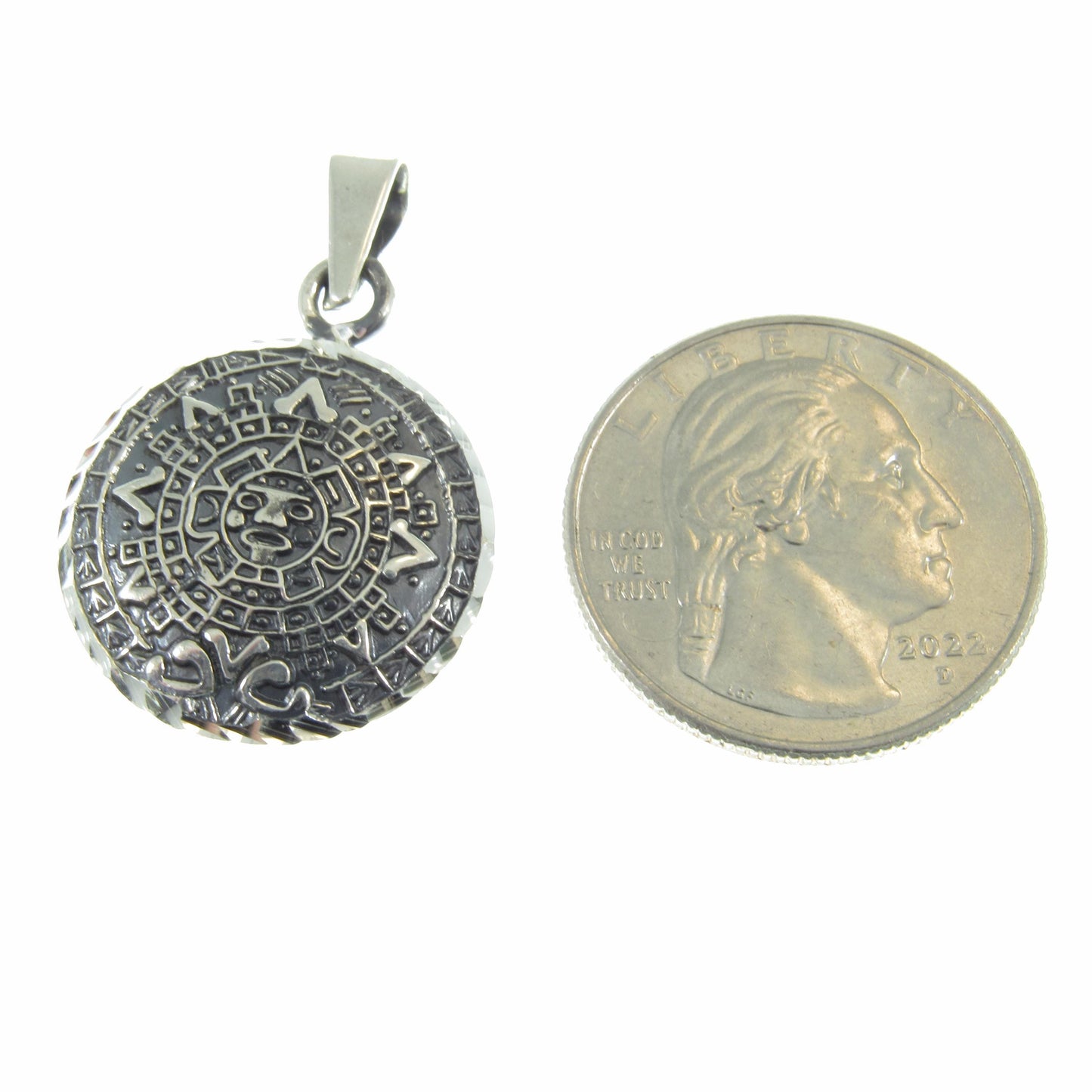 Solid 925 Sterling Silver Puffed Aztec Sun Stone Pendant, Handcrafted Mayan Calendar Charm, Zodiac Wheel Amulet, Sacred Round Jewelry