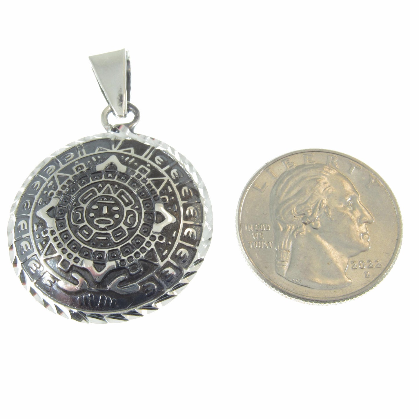 Solid 925 Sterling Silver Puffed Aztec Sun Stone Pendant, Handcrafted Mayan Calendar Charm, Zodiac Wheel Amulet, Sacred Round Jewelry